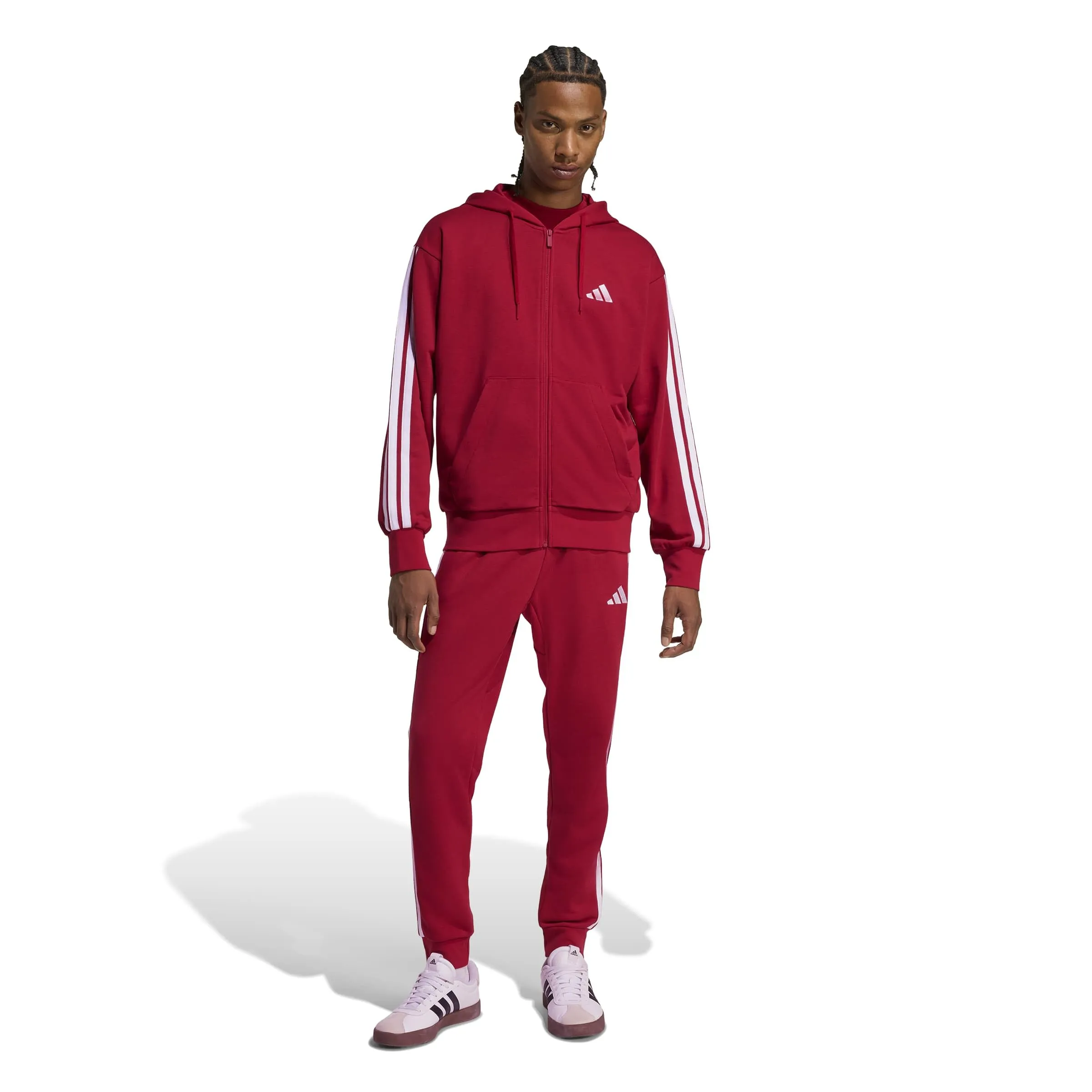 adidas Essential Three Stripes French Terry Fullzip Hoodie, Active Maroon/White, S - immagine 6