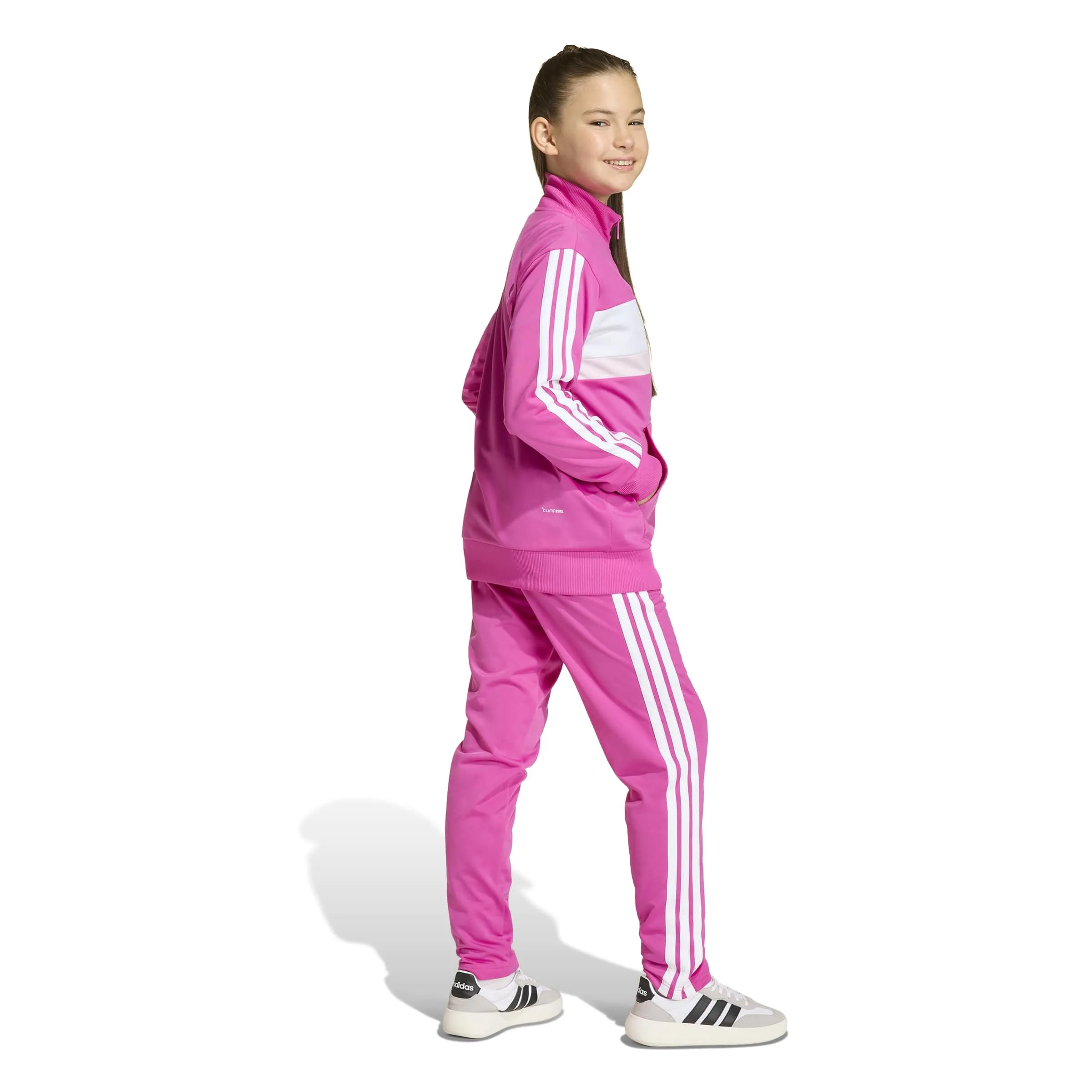adidas Seasonal Essentials Tiberio 3 Stripes Tricot Tracksuit, Semi Lucid Fuchsia/Bright Yellow, 11-12 Years - immagine 2