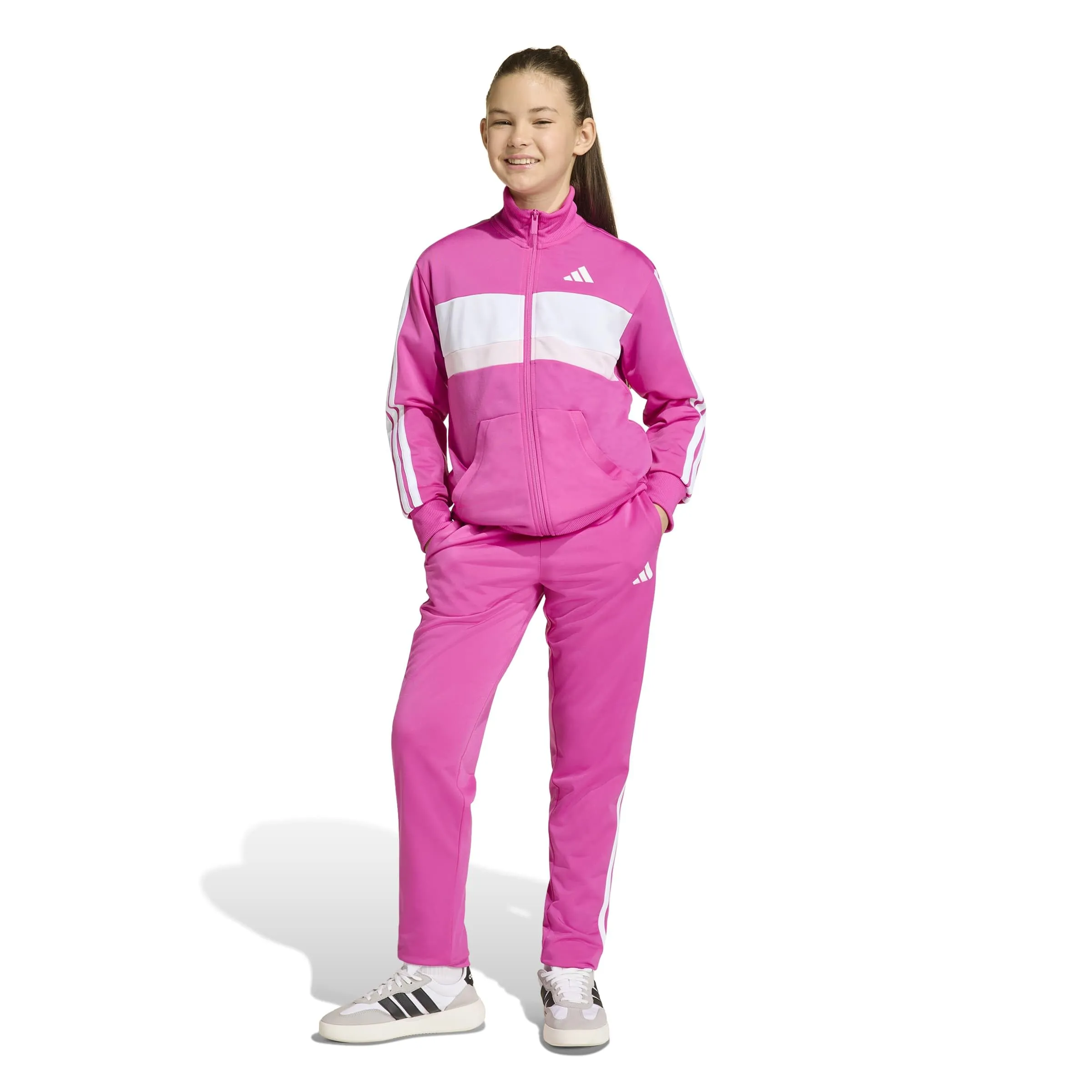 adidas Seasonal Essentials Tiberio 3 Stripes Tricot Tracksuit, Semi Lucid Fuchsia/Bright Yellow, 11-12 Years - immagine 3