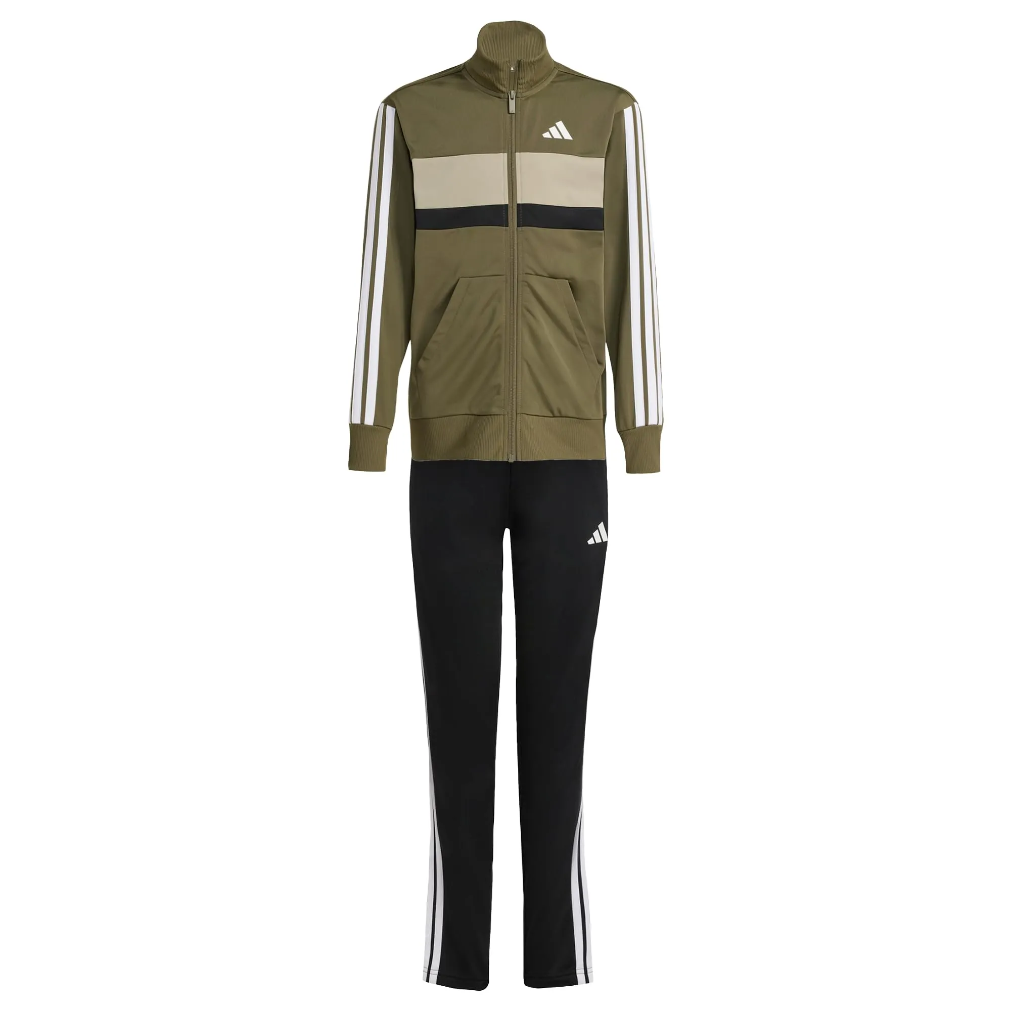 adidas Seasonal Essentials Tiberio 3 Stripes Tricot Tracksuit, Olive Strata/White, 9-10 Years - immagine 1