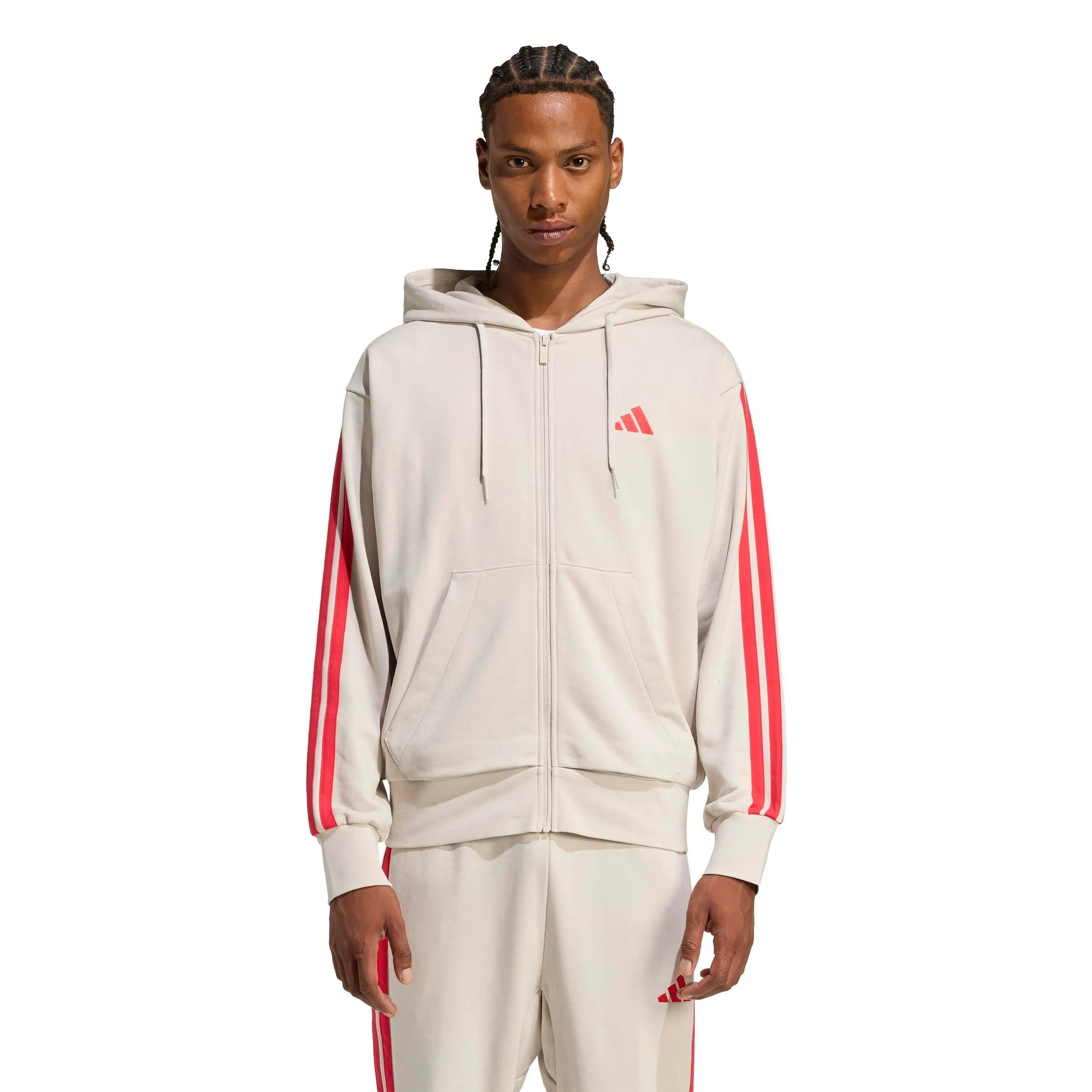 adidas Homme Essential Three Stripes French Terry Fullzip Hoodie, Wonder Alumina/Pure Ruby, XS - immagine 3