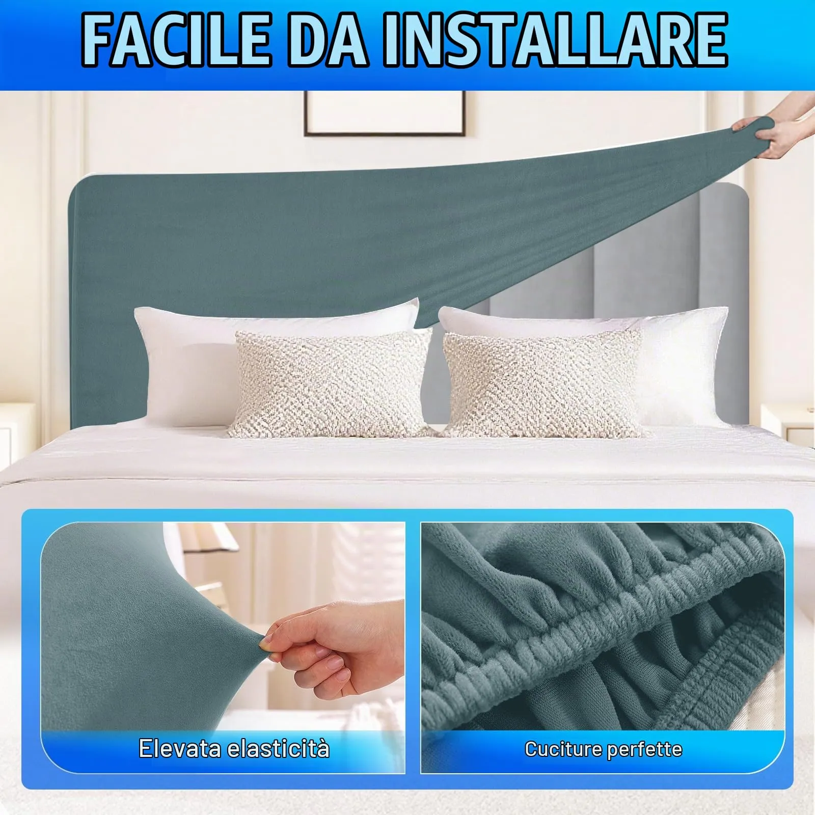 CYCMACO Copri Testata Letto in Velluto Universale 150cm, Grigio Blu - immagine 5