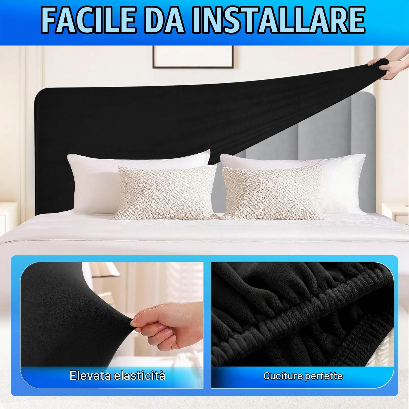CYCMACO Copri Testata Letto in Velluto Universale, 200cm, Nero - immagine 5