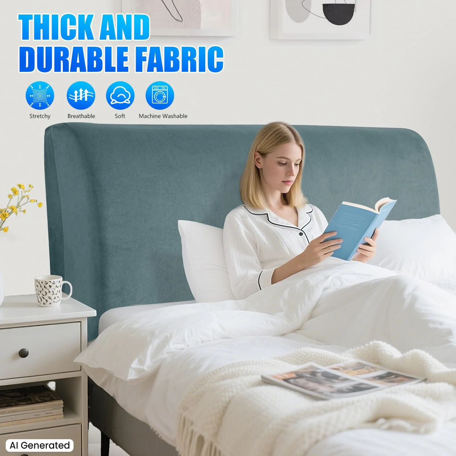 CYCMACO Copri Testata Letto in Velluto Universale 180cm, Grigio Blu - immagine 2