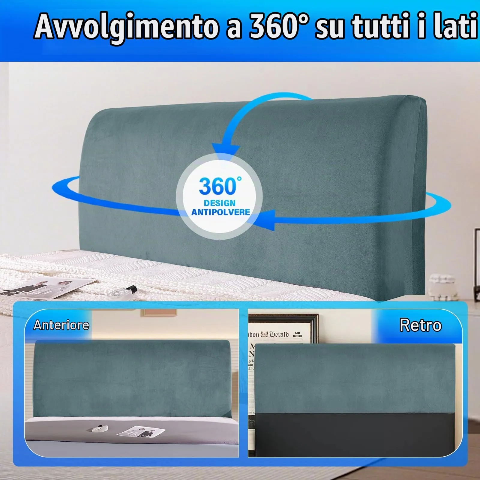 CYCMACO Copri Testata Letto in Velluto Universale 180cm, Grigio Blu - immagine 6