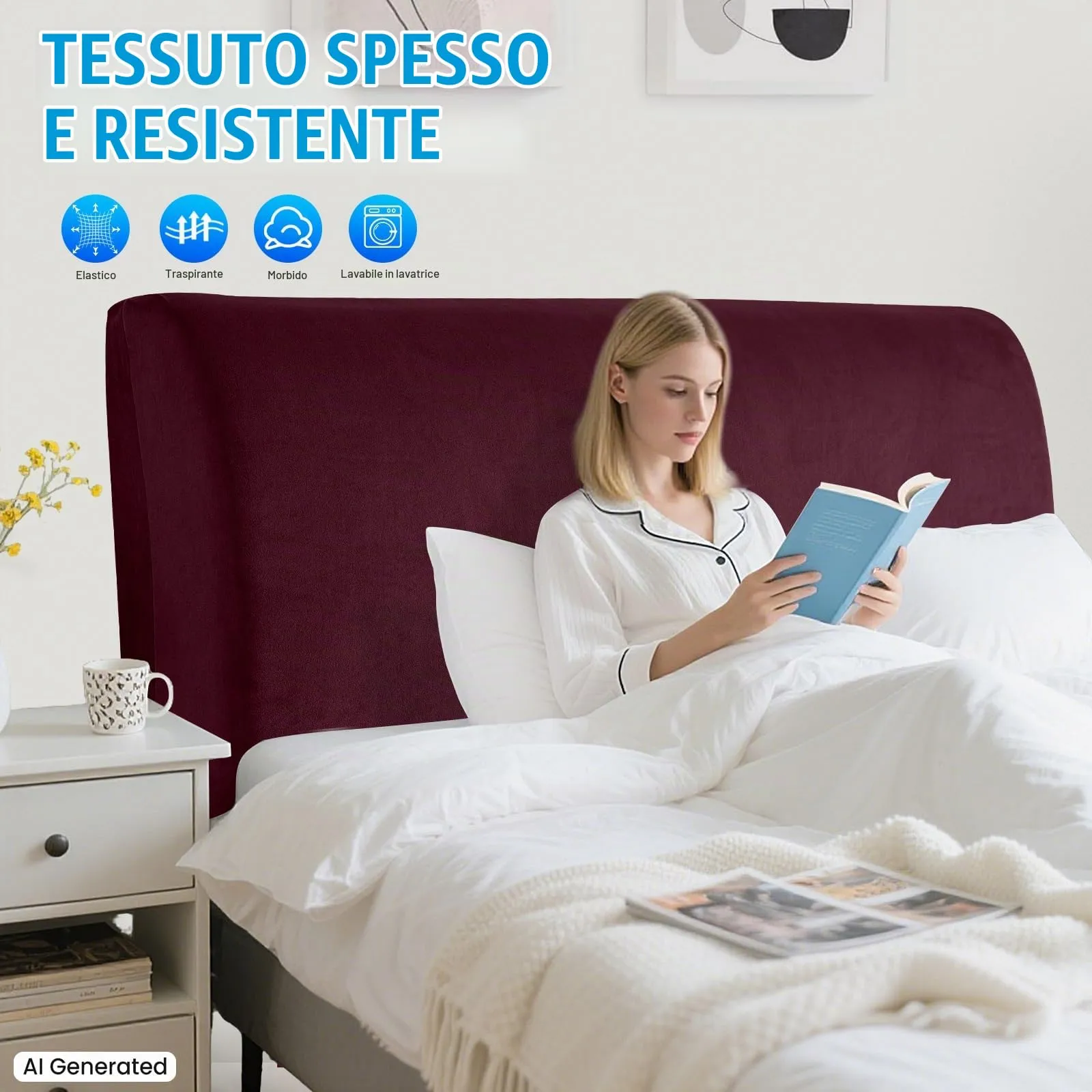 CYCMACO Copri Testata Letto in Velluto Universale 180cm, Bordeaux - immagine 2