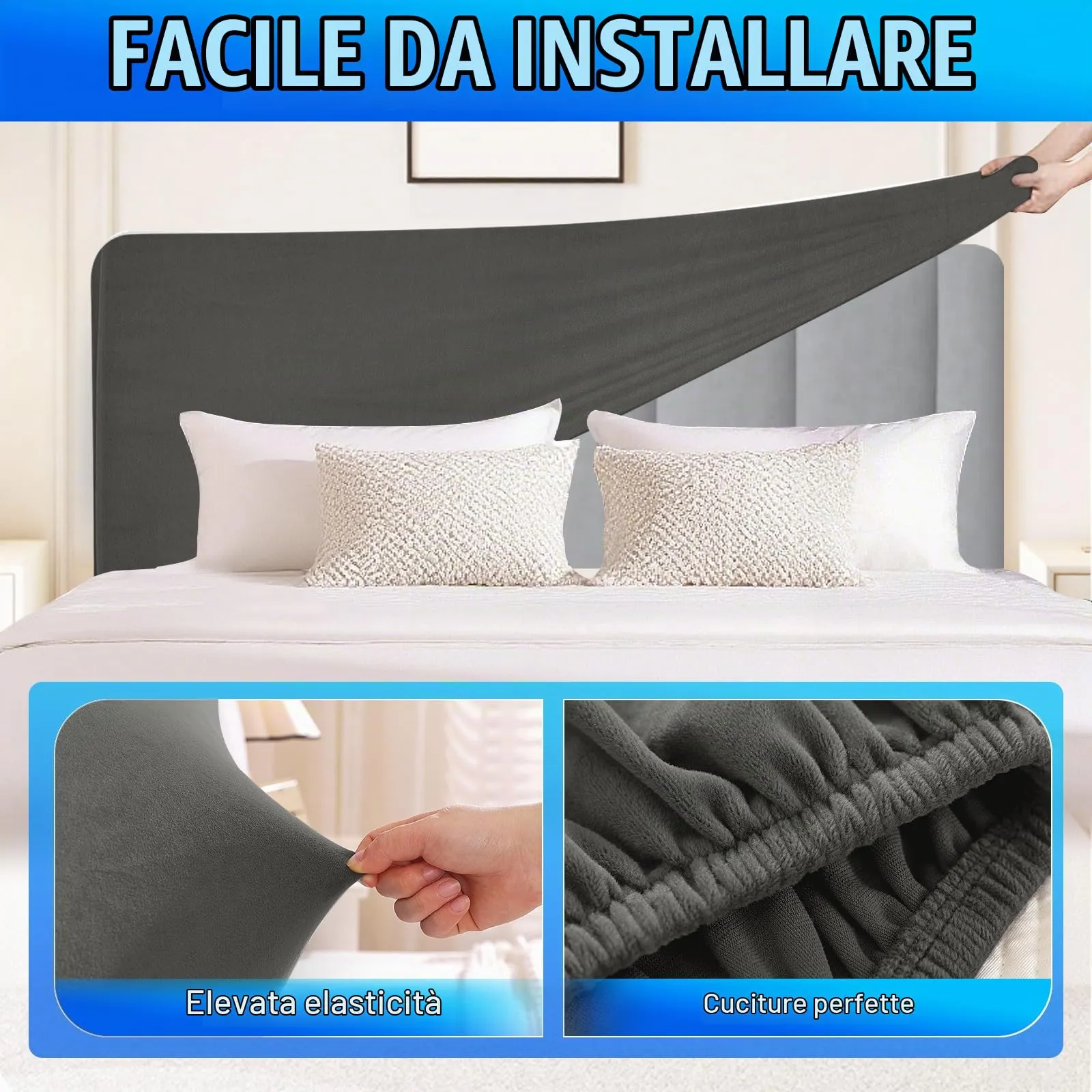 CYCMACO Copri Testata Letto in Velluto Universale, 200cm, Grigio - immagine 5