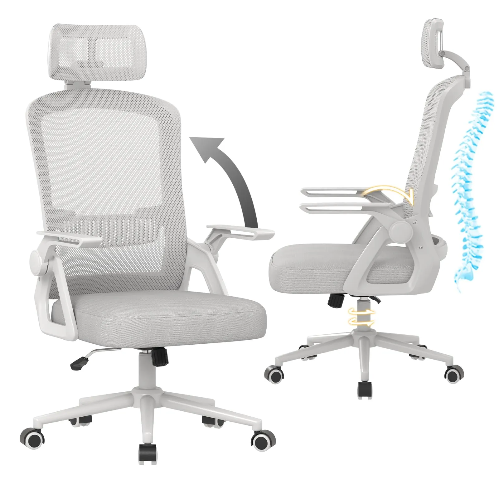 naspaluro Sedia da Ufficio Ergonomica, Braccioli Pieghevoli, Seduta e Schienale in Rete, Grigio - immagine 1