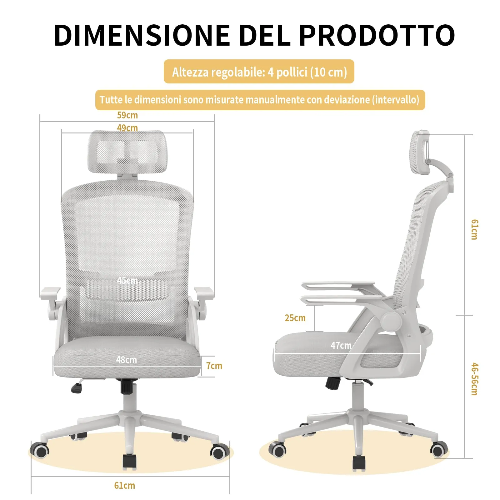 naspaluro Sedia da Ufficio Ergonomica, Braccioli Pieghevoli, Seduta e Schienale in Rete, Grigio - immagine 2