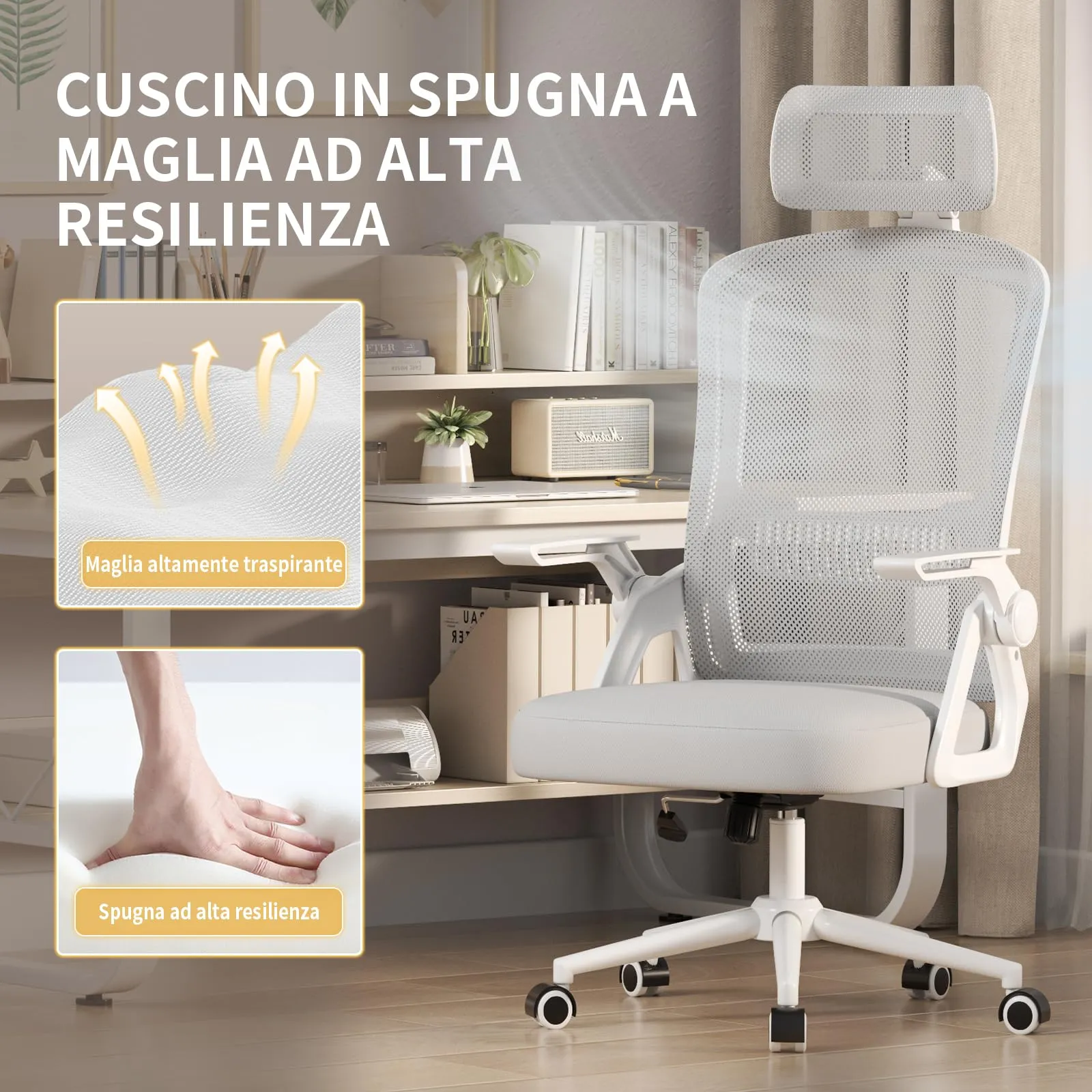 naspaluro Sedia da Ufficio Ergonomica, Braccioli Pieghevoli, Seduta e Schienale in Rete, Grigio - immagine 3