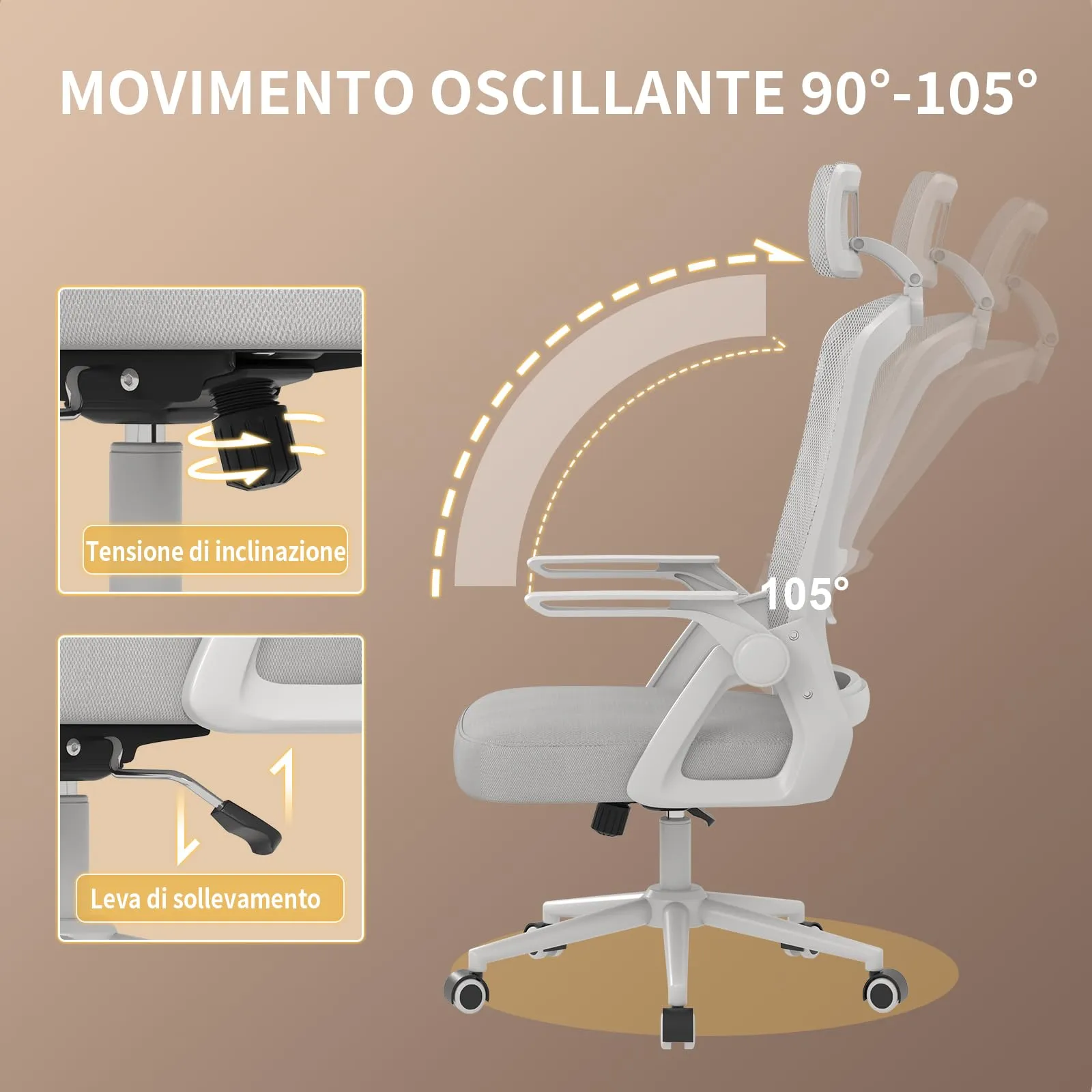 naspaluro Sedia da Ufficio Ergonomica, Braccioli Pieghevoli, Seduta e Schienale in Rete, Grigio - immagine 5