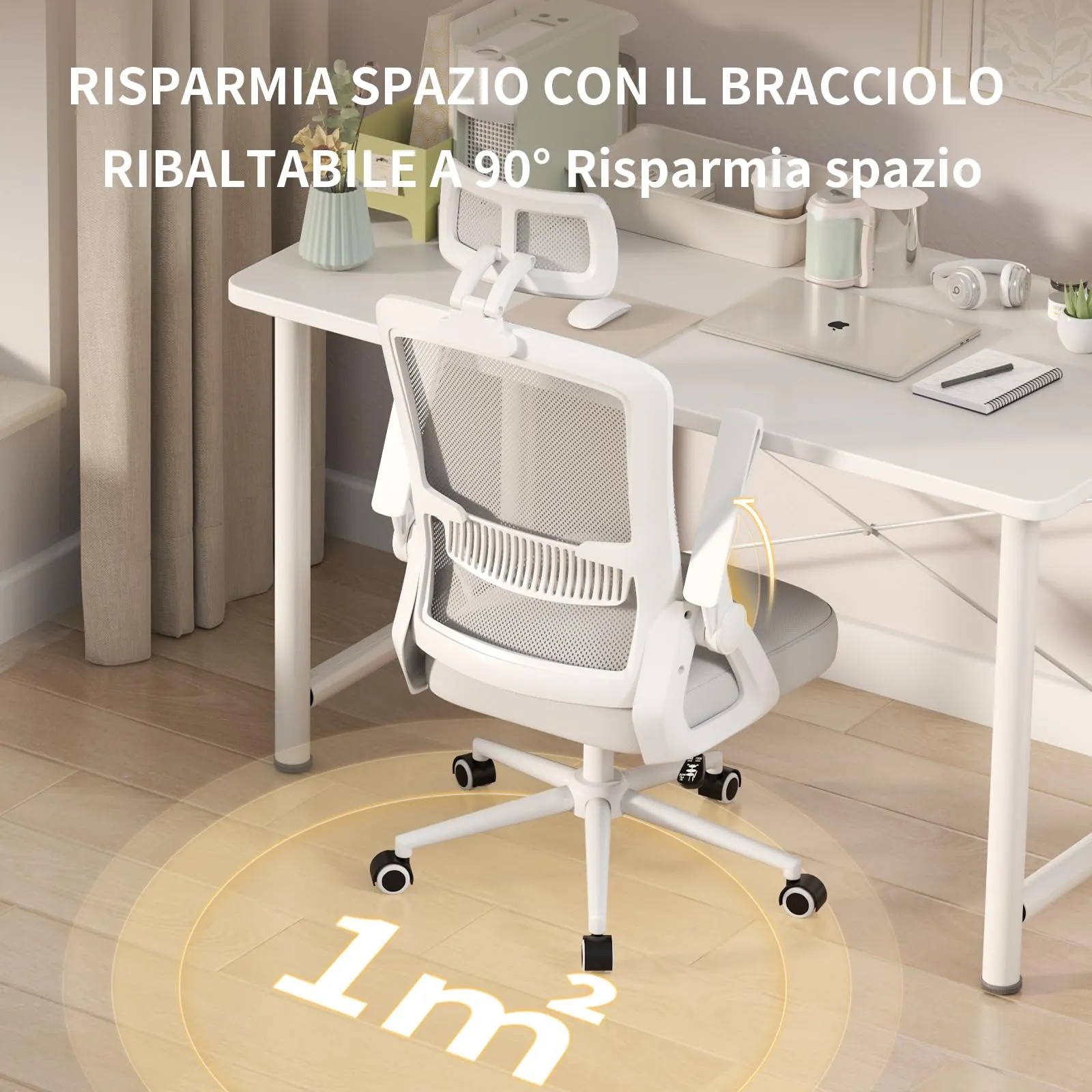 naspaluro Sedia da Ufficio Ergonomica, Braccioli Pieghevoli, Seduta e Schienale in Rete, Grigio - immagine 7