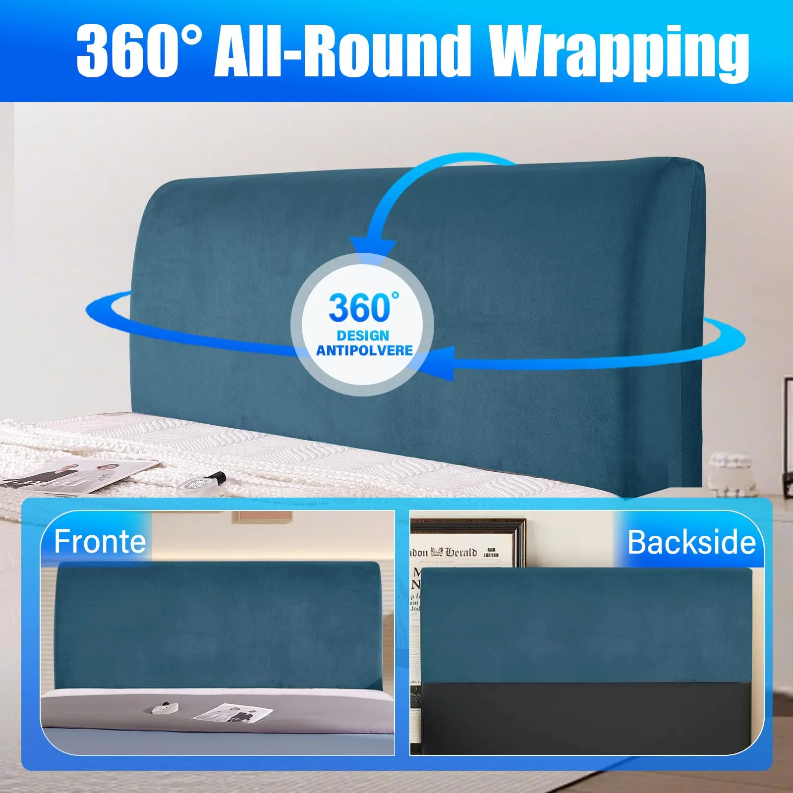 CYCMACO Copri Testata Letto in Velluto Universale 150cm, Blu Pavone - immagine 6