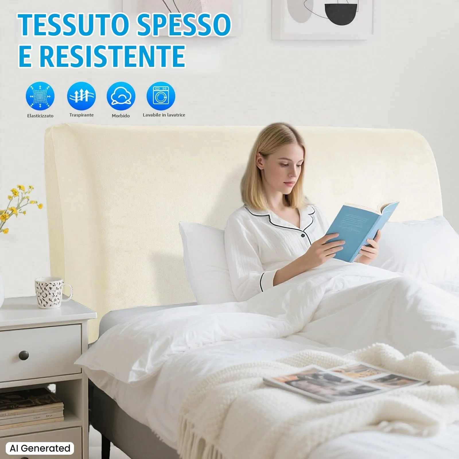CYCMACO Copri Testata Letto in Velluto Universale, 150cm, Beige - immagine 2