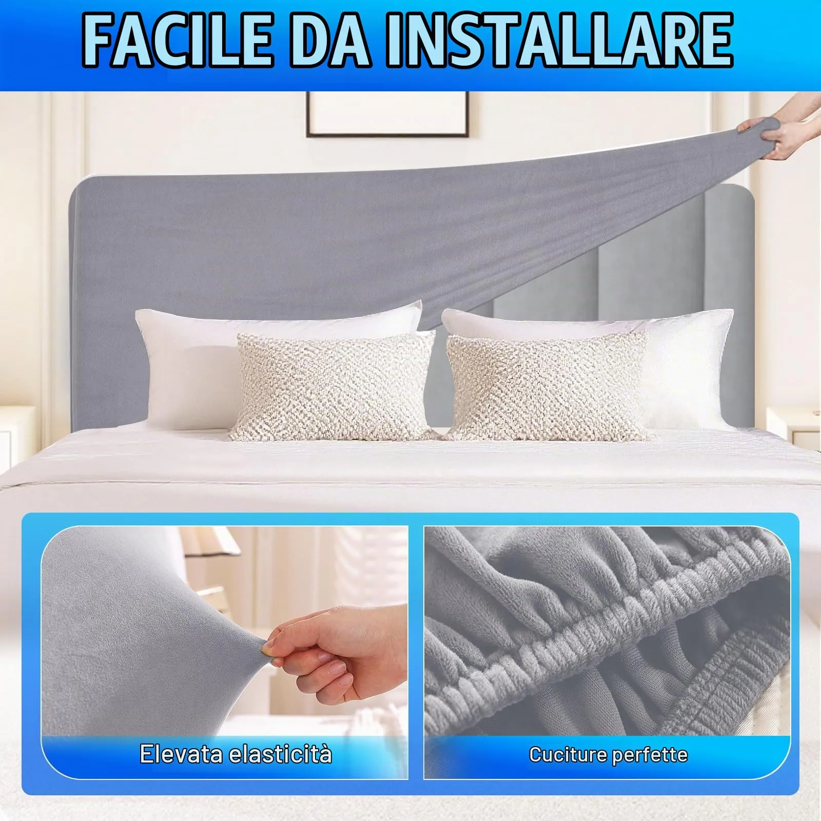 CYCMACO Copri Testata Letto in Velluto Universale 150cm, Grigio Argento - immagine 5
