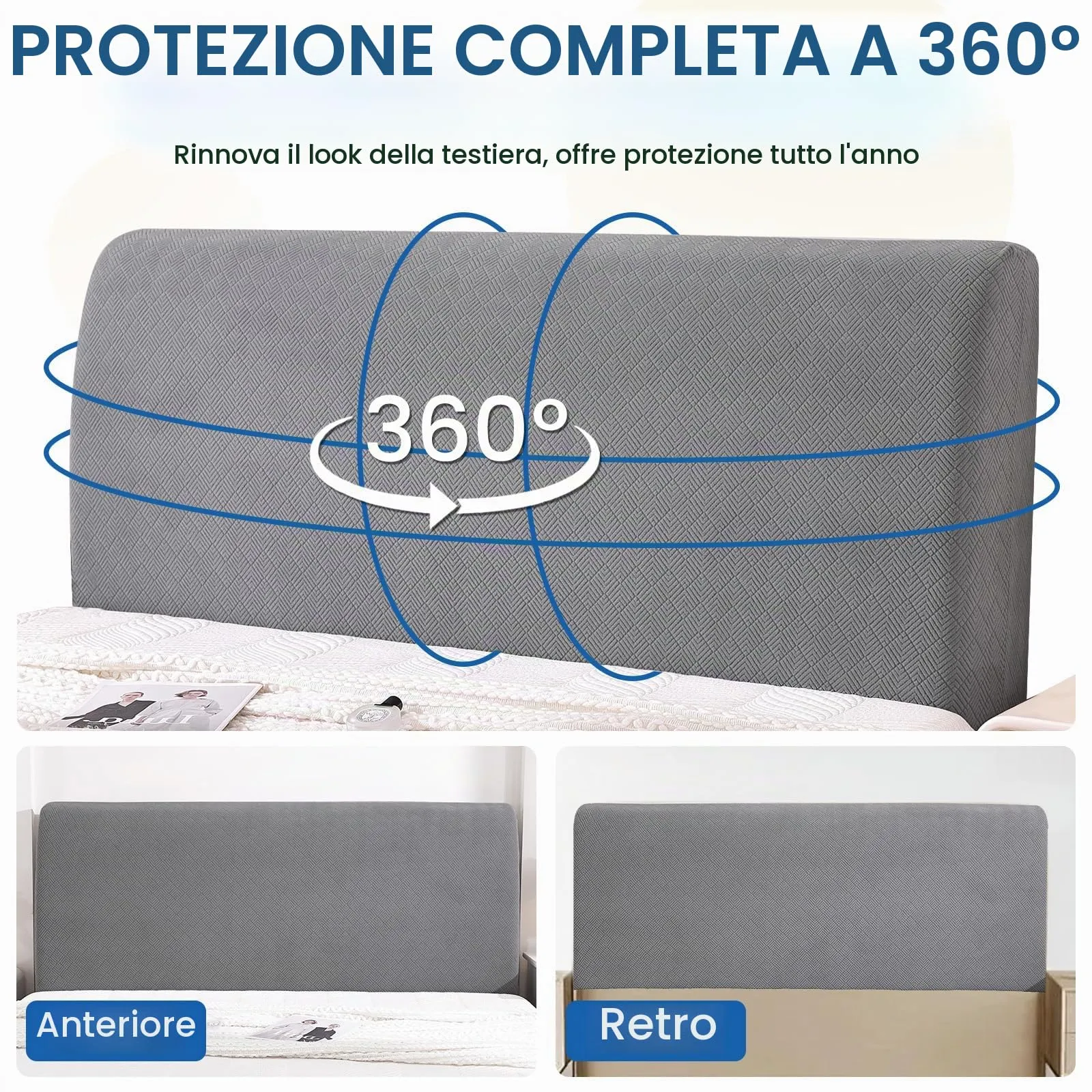 YSTELLAA Copri Testata Letto Matrimoniale Elasticizzato, 150cm, Grigio Chiaro - immagine 6