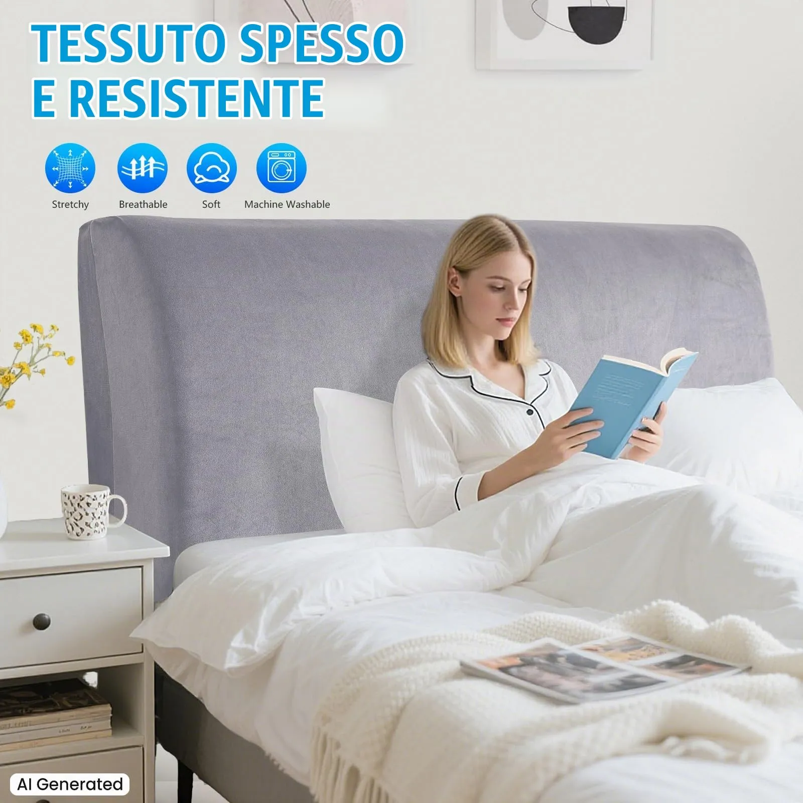 CYCMACO Copri Testata Letto in Velluto Universale 120cm, Grigio Argento - immagine 2
