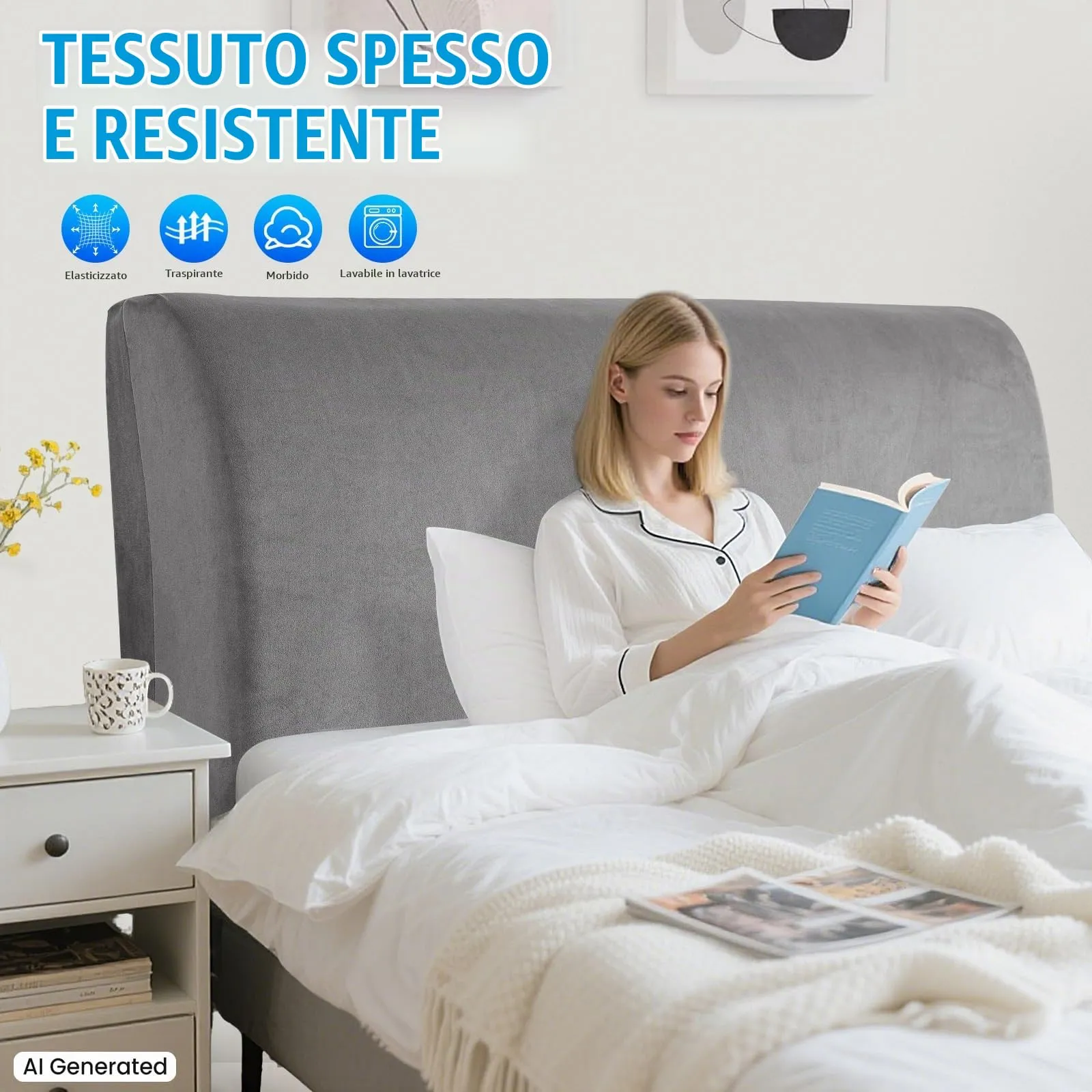 CYCMACO Copri Testata Letto in Velluto Universale 200cm, Grigio Chiaro - immagine 2