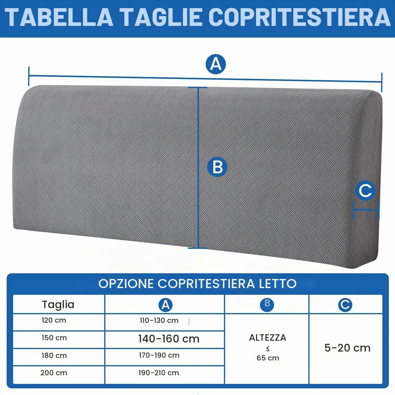 YSTELLAA Copri Testata Letto Matrimoniale Elasticizzata, 200cm, Grigio Chiaro - immagine 3