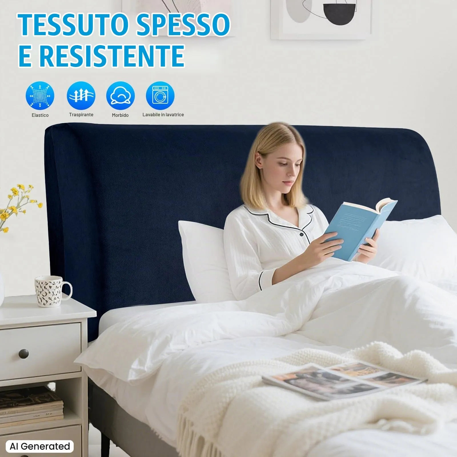 CYCMACO Copri Testata Letto in Velluto Universale, 150cm, Blu Scuro - immagine 2