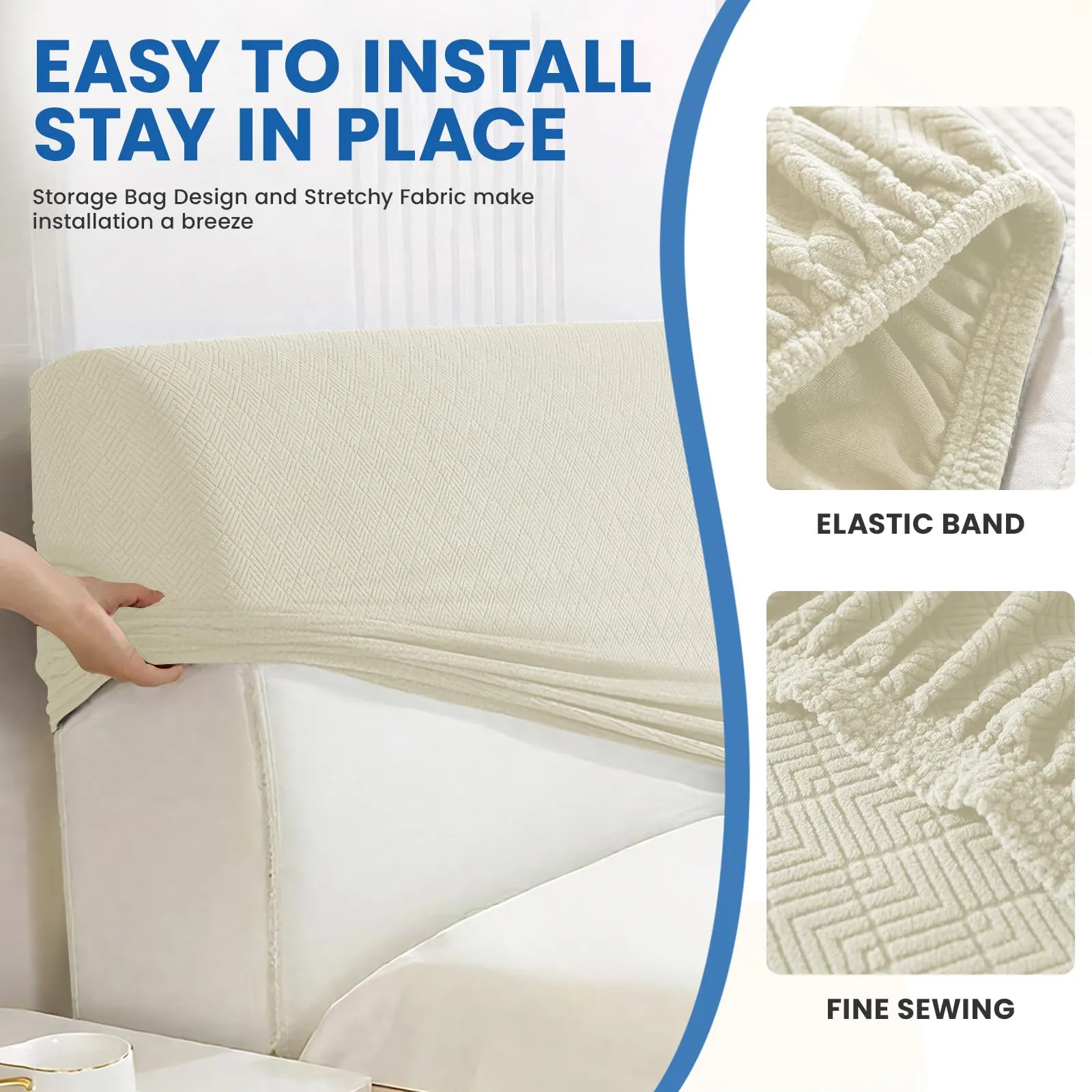YSTELLAA Copri Testata Letto Matrimoniale Elasticizzata, 180cm, Beige - immagine 7