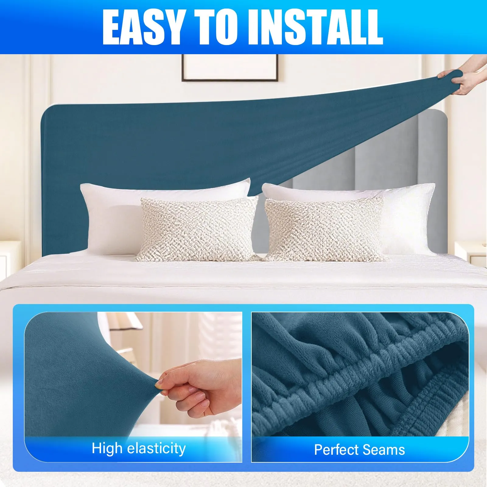 CYCMACO Copri Testata Letto in Velluto Universale, 180cm, Blu Pavone - immagine 5