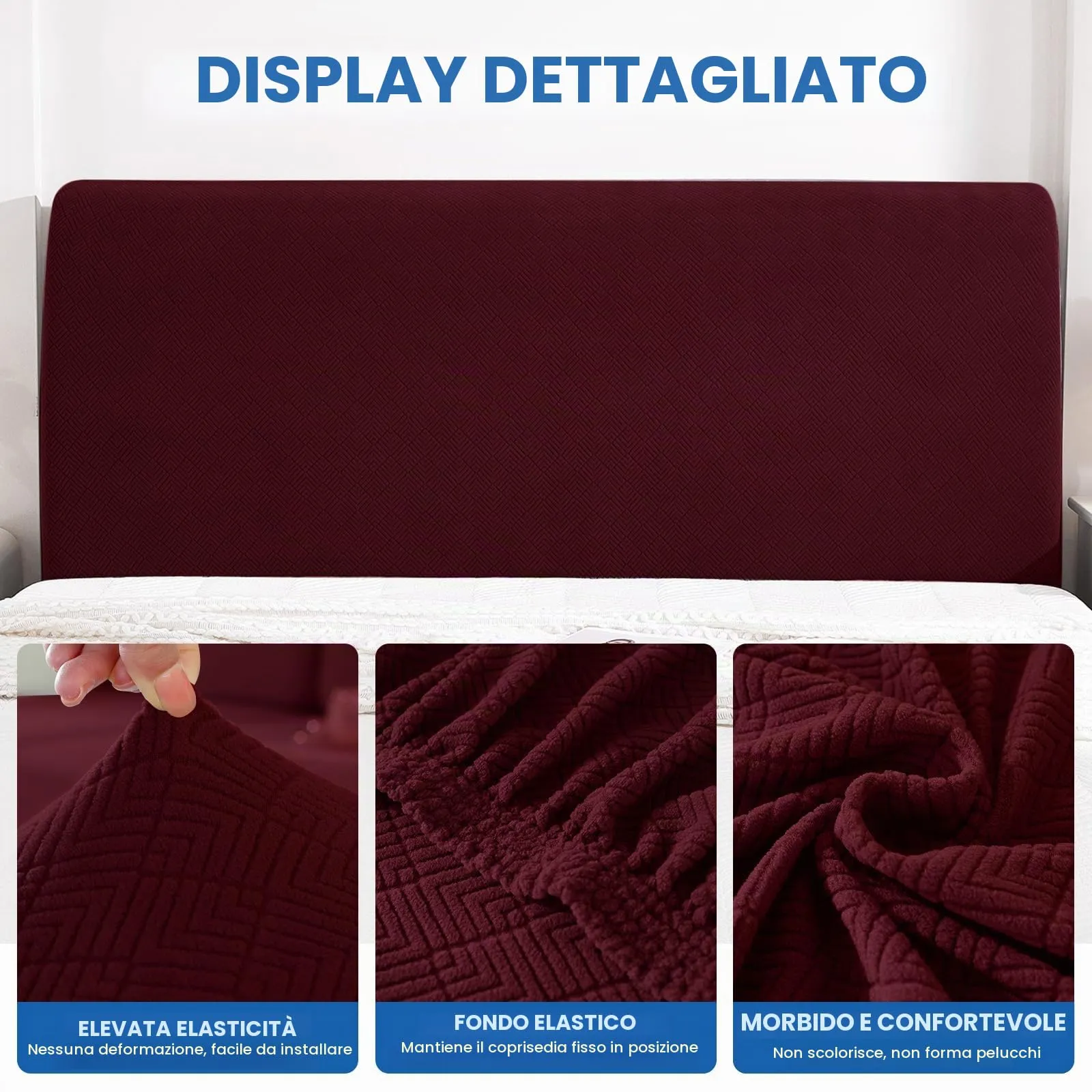 YSTELLAA Copri Testata Letto Matrimoniale Elasticizzata, 200cm, Bordeaux - immagine 5