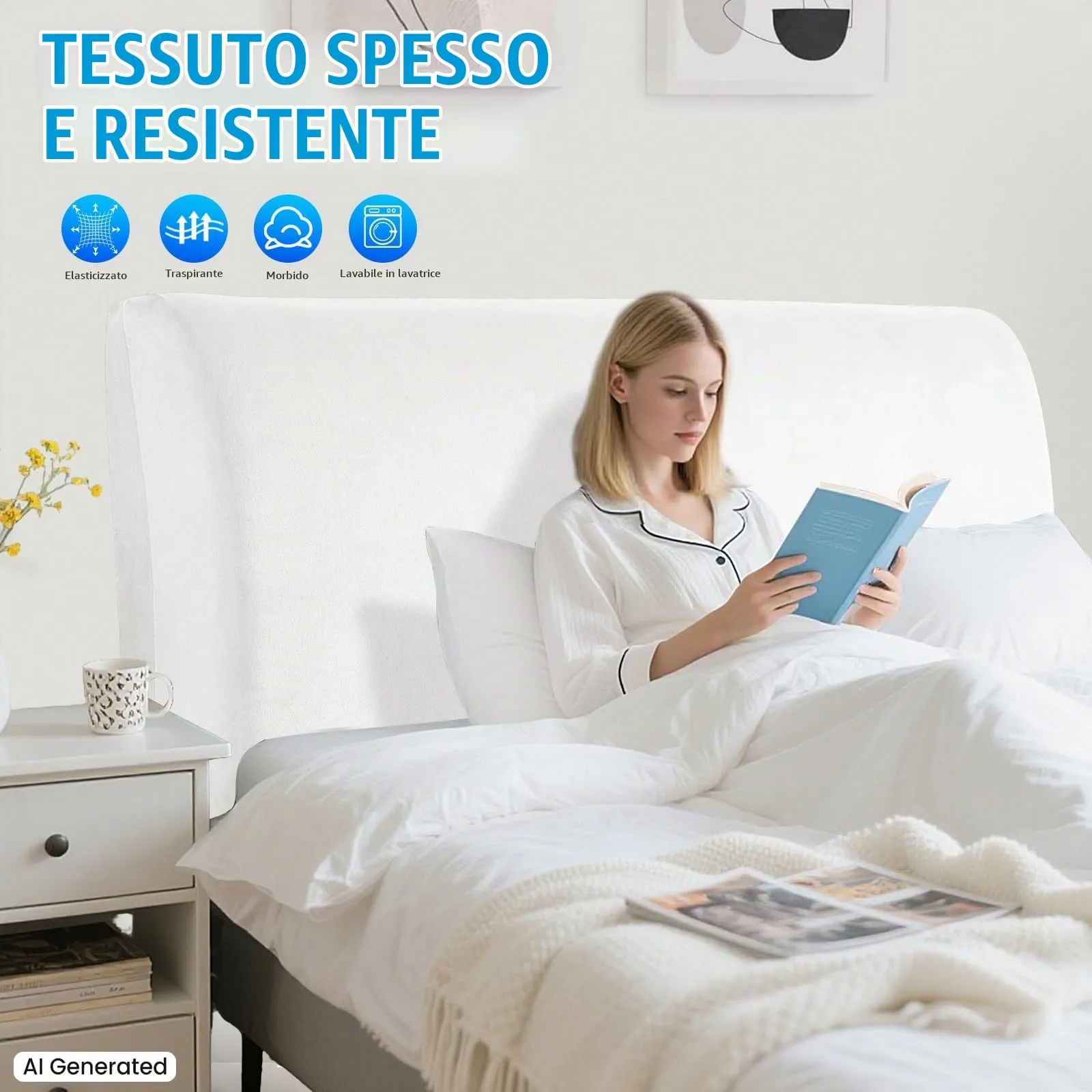 CYCMACO Copri Testata Letto in Velluto Universale 150cm, Bianco - immagine 2
