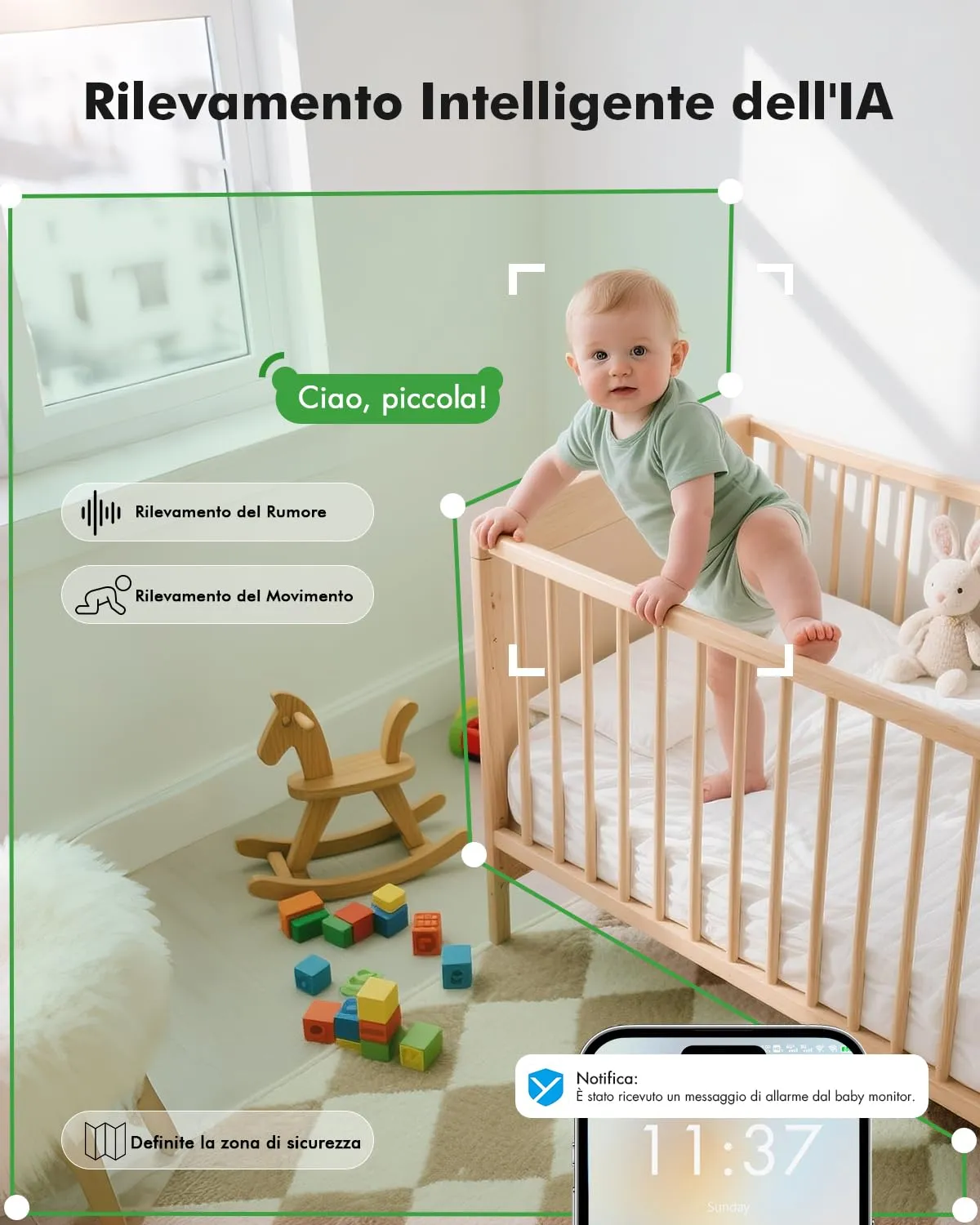 YESIMOM Baby Monitor 360° PTZ 1080P Wi-Fi Camera Interno Bambini - immagine 4