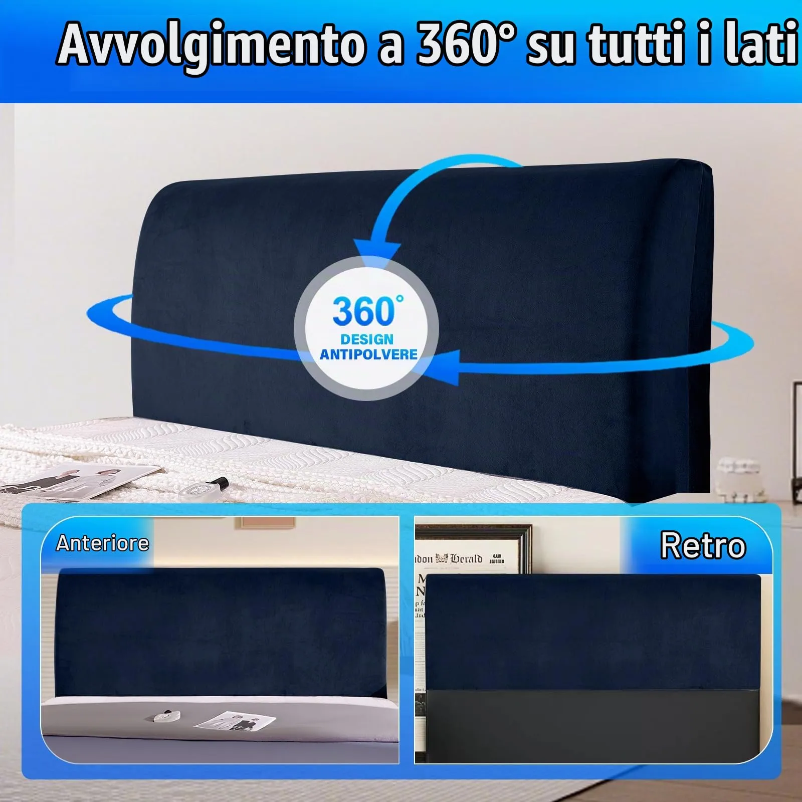 CYCMACO Copri Testata Letto in Velluto Universale 120cm, Blu Scuro - immagine 6
