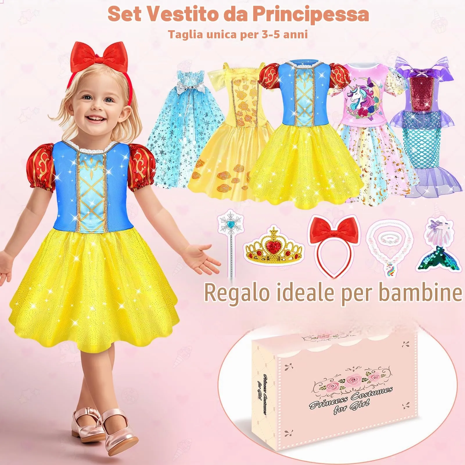 Dreamon Vestito Principessa Bambina con 5 Accessori per Bambine 3-5 Anni - immagine 7