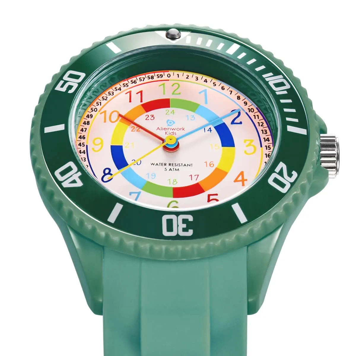 Alienwork Orologio di Apprendimento per Bambini, Verde Esercito, Bracciale in Silicone, Impermeabile 5 ATM - immagine 2