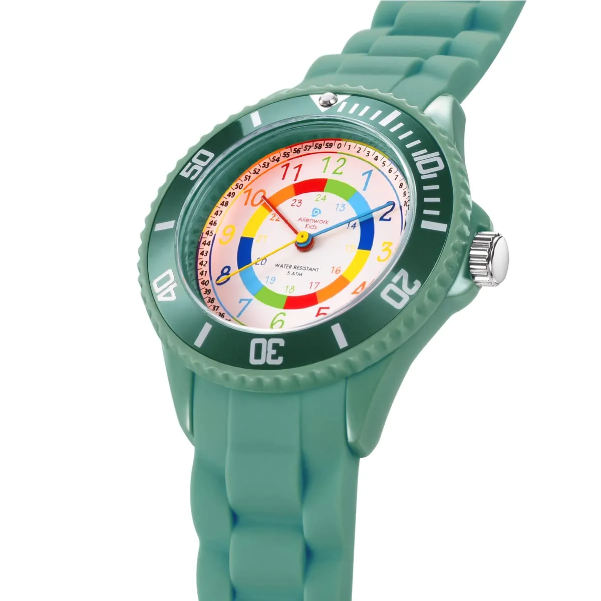 Alienwork Orologio di Apprendimento per Bambini, Verde Esercito, Bracciale in Silicone, Impermeabile 5 ATM - immagine 3