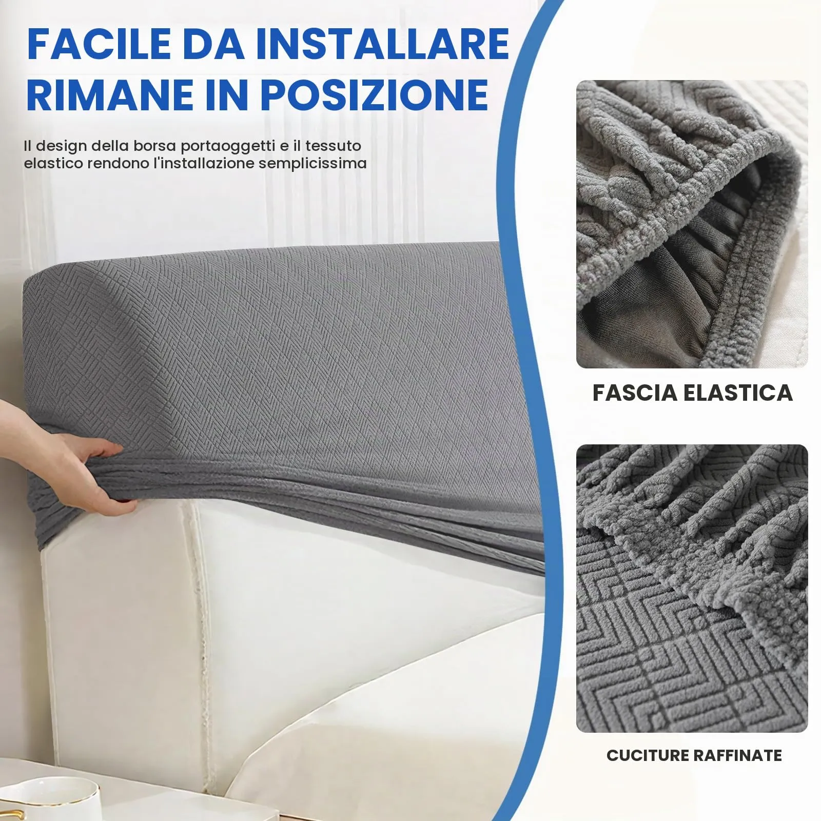 YSTELLAA Copri Testata Letto Matrimoniale Elasticizzato, 180cm, Grigio Chiaro - immagine 7