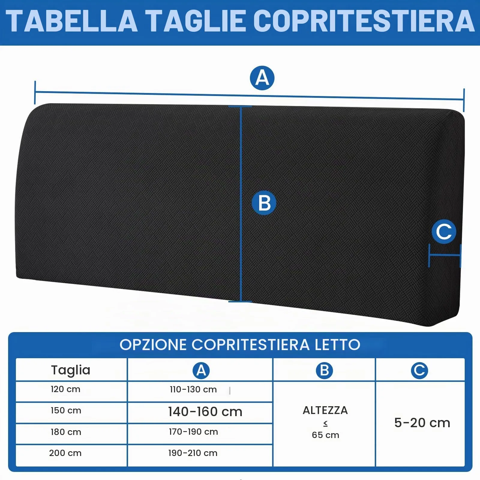 YSTELLAA Copri Testata Letto Matrimoniale Elasticizzata, 180cm, Lavabile e Antipolvere, Nero - immagine 3