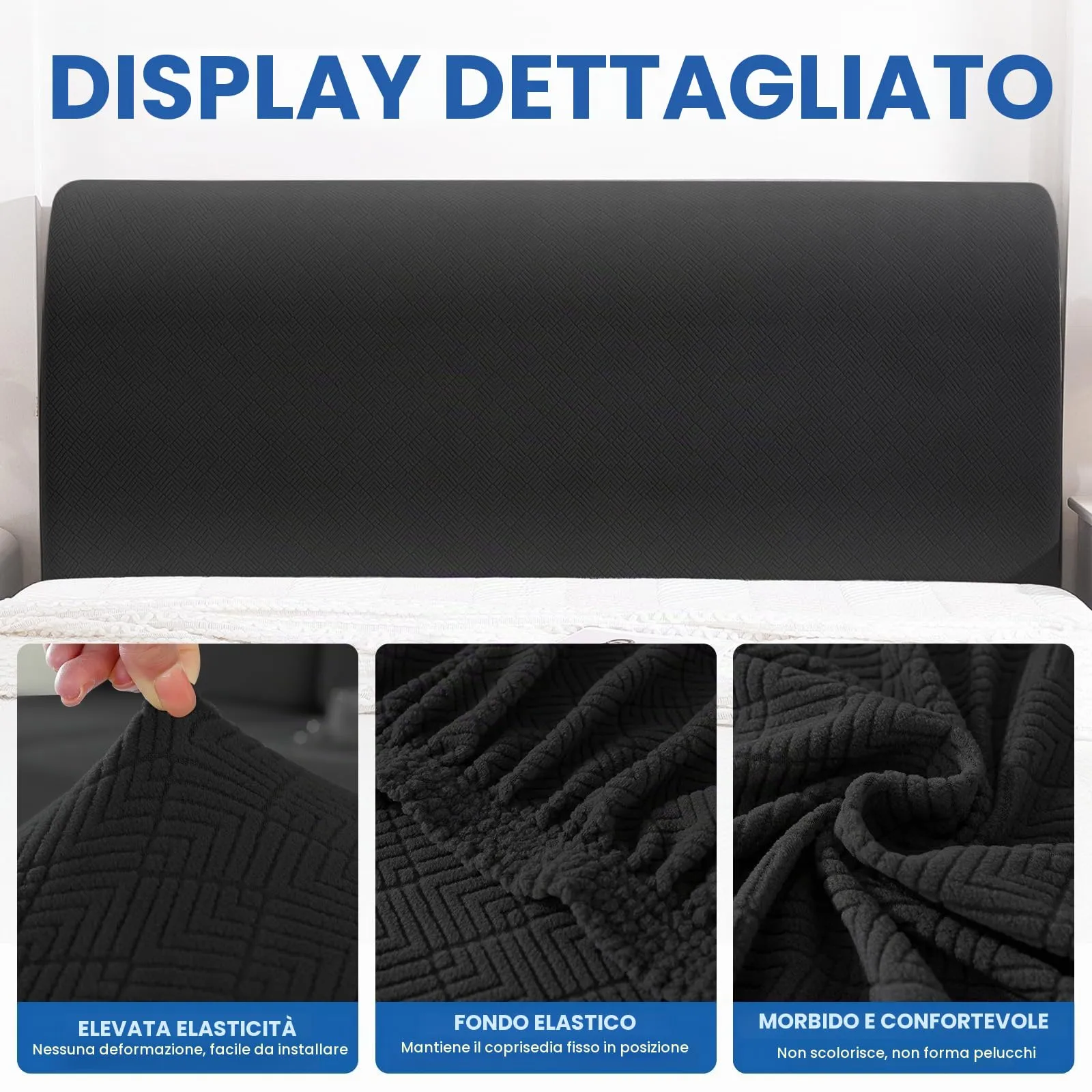 YSTELLAA Copri Testata Letto Matrimoniale Elasticizzata, 180cm, Lavabile e Antipolvere, Nero - immagine 5