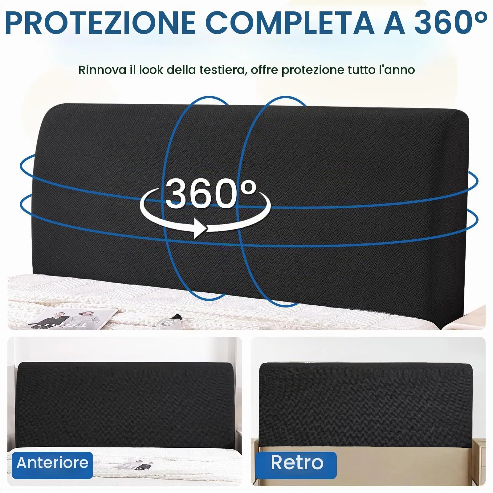 YSTELLAA Copri Testata Letto Matrimoniale Elasticizzata, 180cm, Lavabile e Antipolvere, Nero - immagine 6