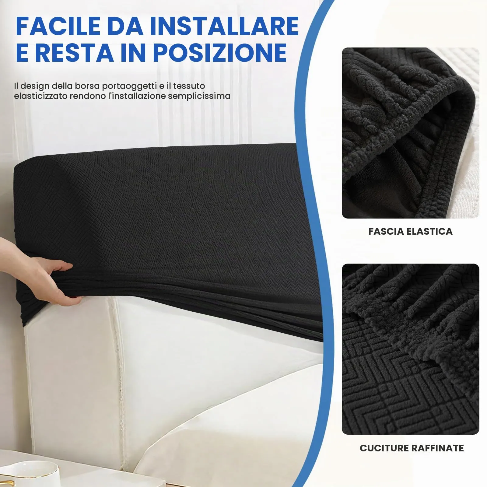 YSTELLAA Copri Testata Letto Matrimoniale Elasticizzata, 180cm, Lavabile e Antipolvere, Nero - immagine 7