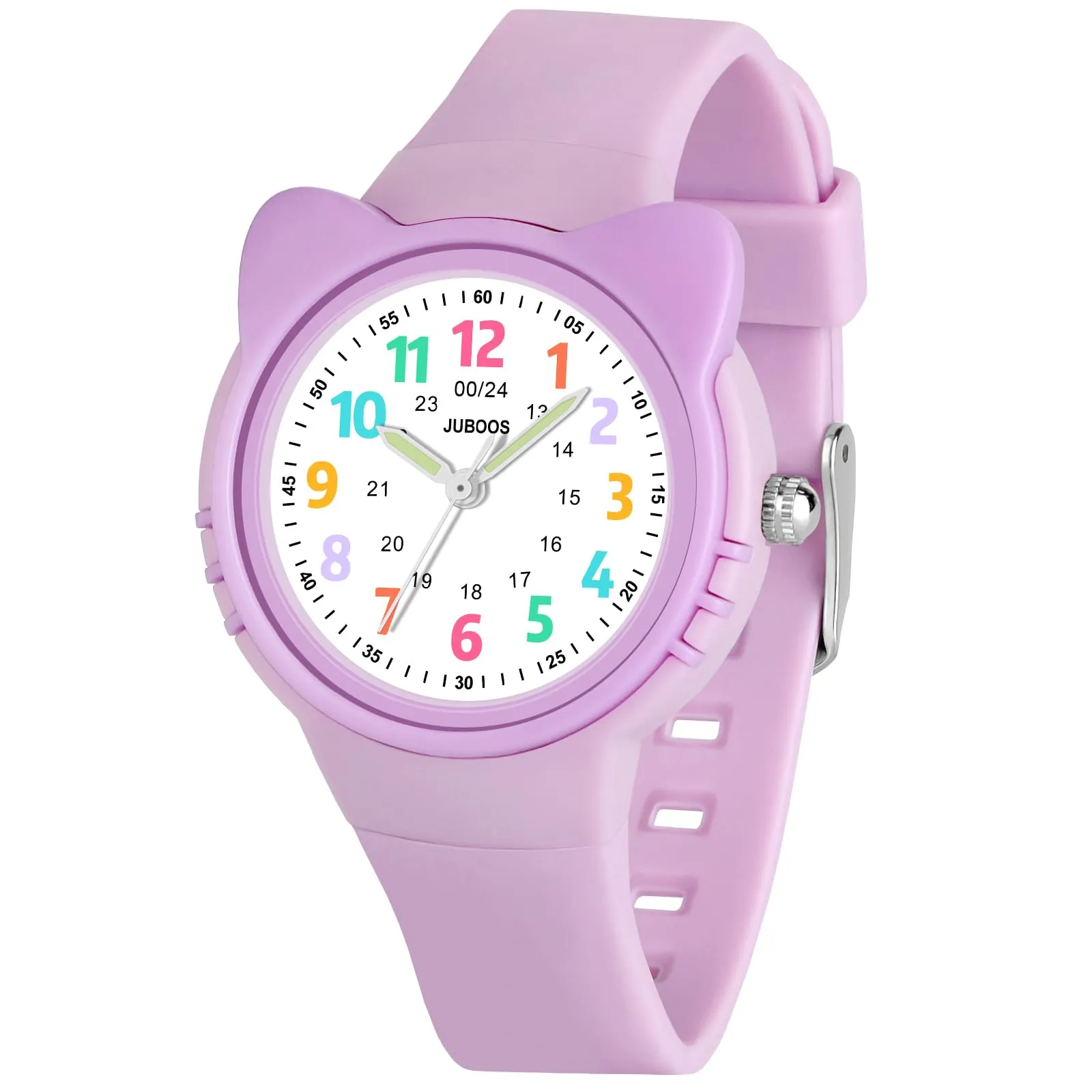 Juboos Orologio Analogico per Bambini e Bambine con Gatto, Impermeabile 3 ATM, Viola - immagine 1