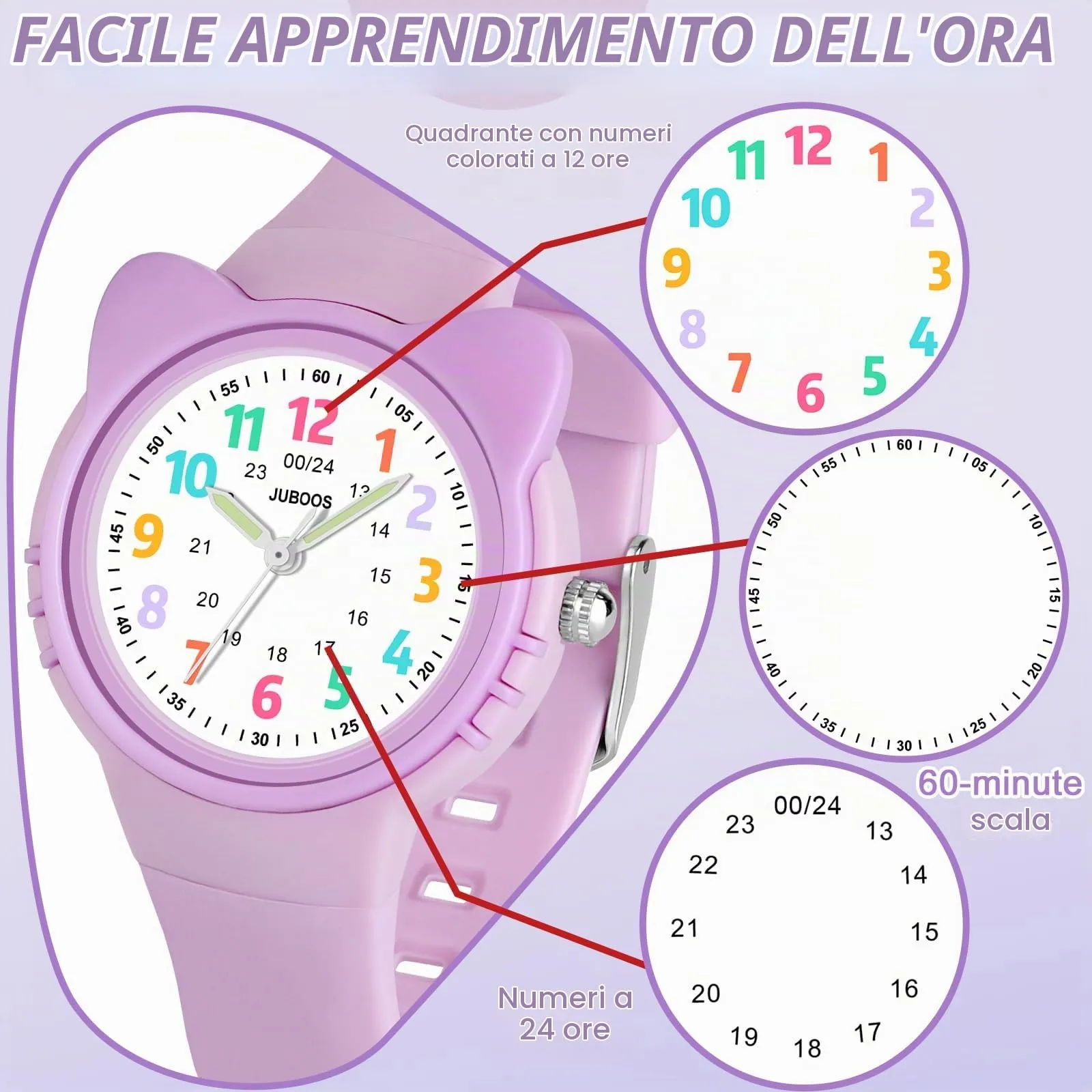 Juboos Orologio Analogico per Bambini e Bambine con Gatto, Impermeabile 3 ATM, Viola - immagine 2
