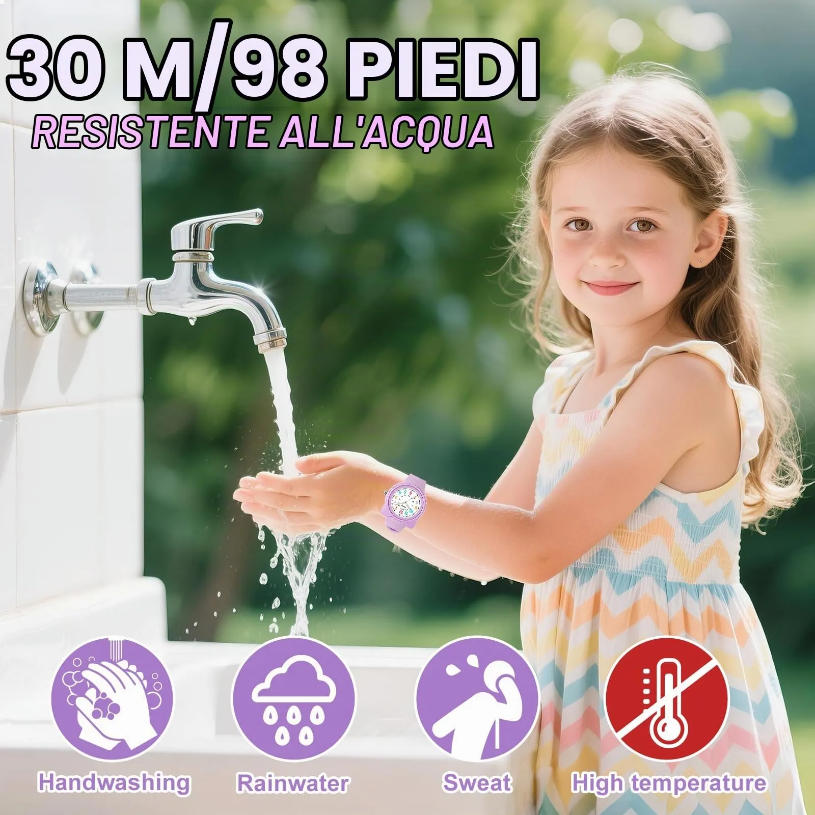 Juboos Orologio Analogico per Bambini e Bambine con Gatto, Impermeabile 3 ATM, Viola - immagine 3