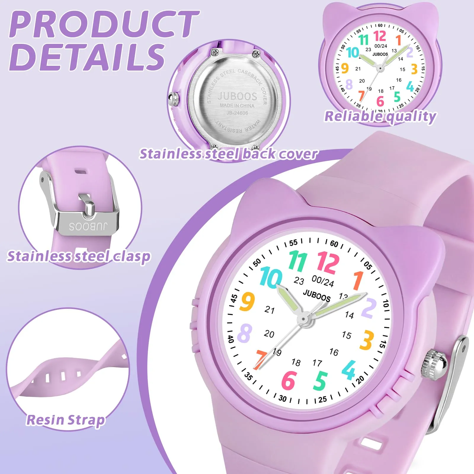 Juboos Orologio Analogico per Bambini e Bambine con Gatto, Impermeabile 3 ATM, Viola - immagine 4