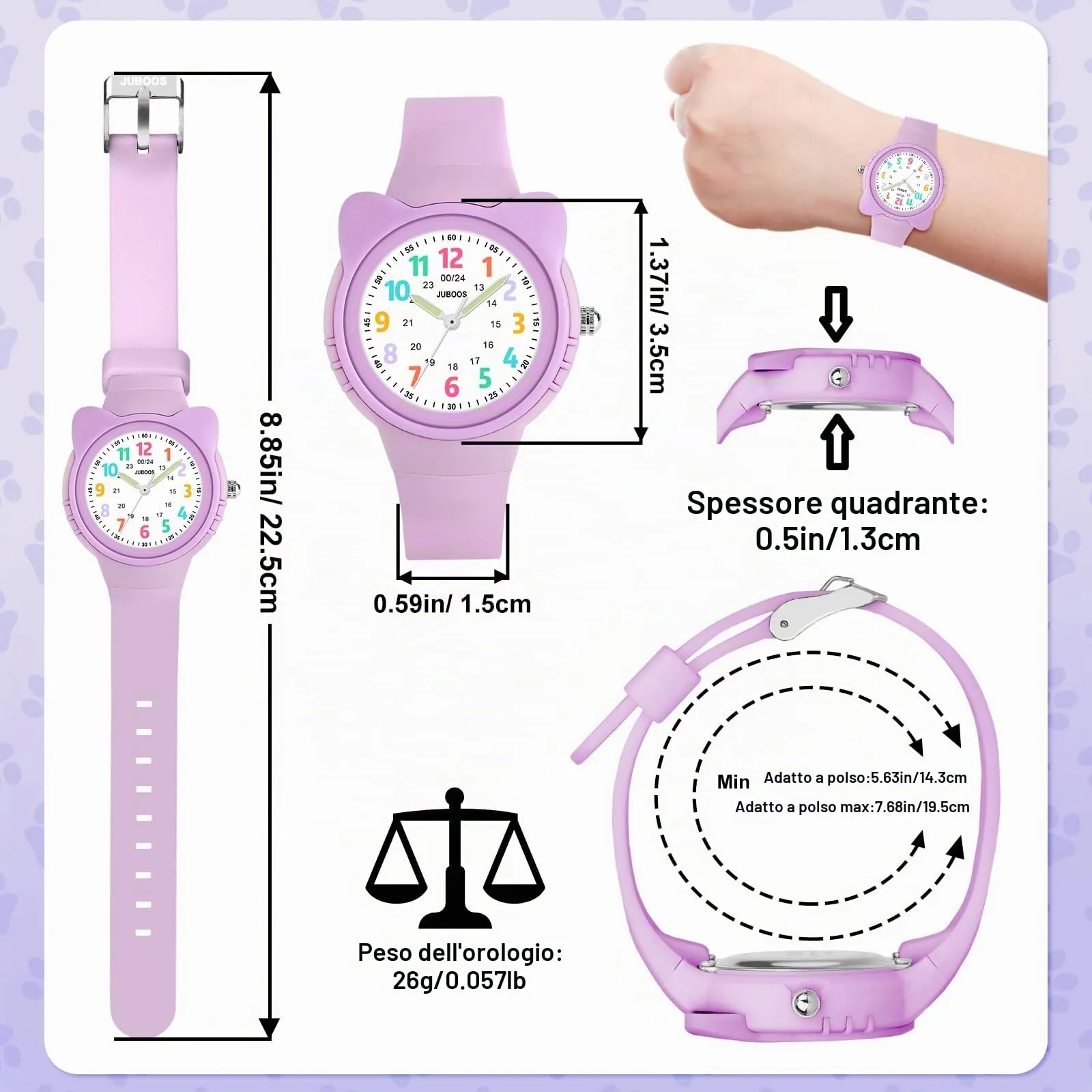 Juboos Orologio Analogico per Bambini e Bambine con Gatto, Impermeabile 3 ATM, Viola - immagine 5