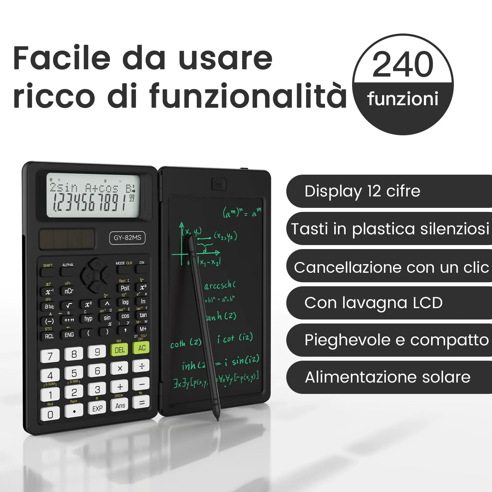 NEWYES Calcolatrice Scientifica 82MS con Tavoletta da Scrittura e Penna, 240 Funzioni, Display a 2 Righe, Nero - immagine 2