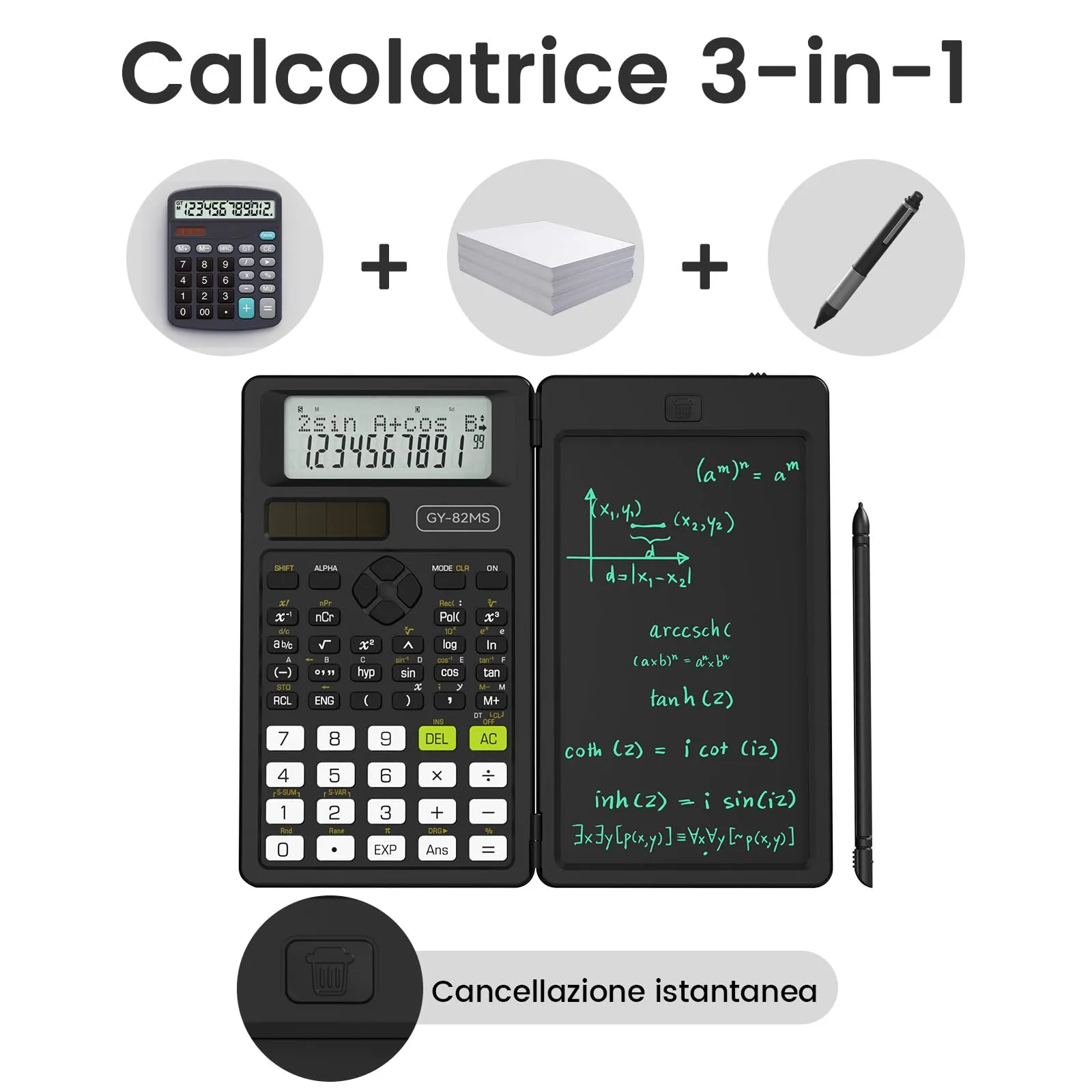 NEWYES Calcolatrice Scientifica 82MS con Tavoletta da Scrittura e Penna, 240 Funzioni, Display a 2 Righe, Nero - immagine 3