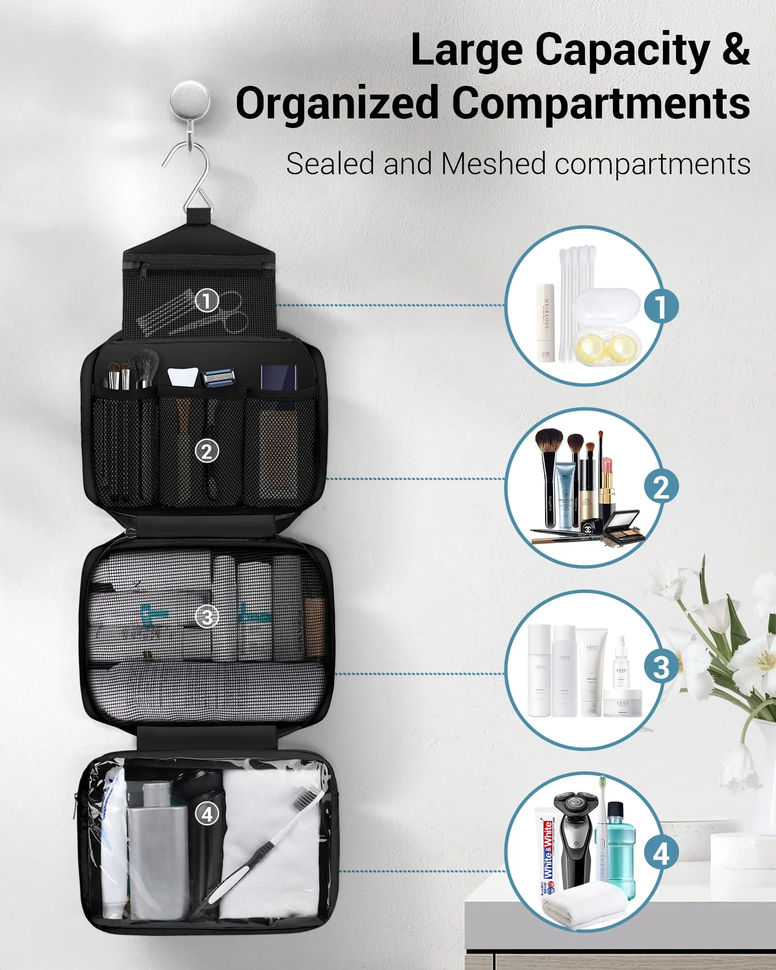 Maliton Beauty Case da Viaggio per Uomo e Donna, Borsa da Toilette Impermeabile da Appendere con 4 Scomparti, Nero - immagine 2