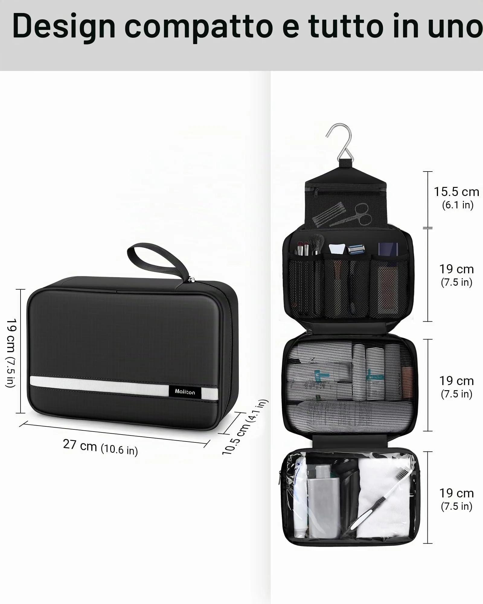 Maliton Beauty Case da Viaggio per Uomo e Donna, Borsa da Toilette Impermeabile da Appendere con 4 Scomparti, Nero - immagine 3