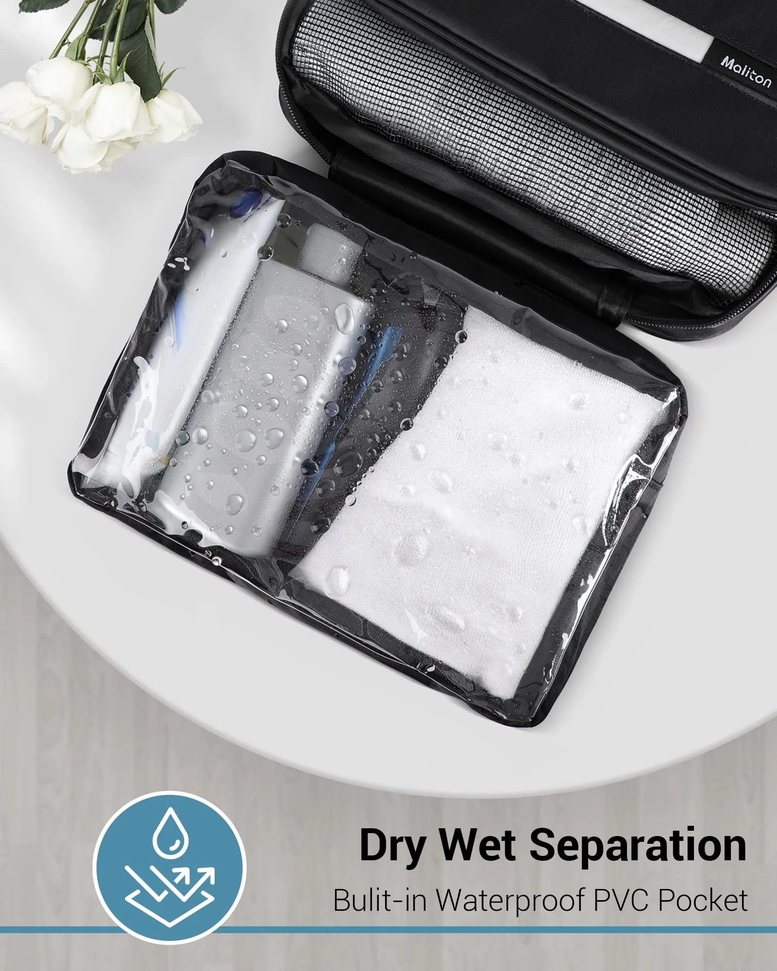 Maliton Beauty Case da Viaggio per Uomo e Donna, Borsa da Toilette Impermeabile da Appendere con 4 Scomparti, Nero - immagine 5