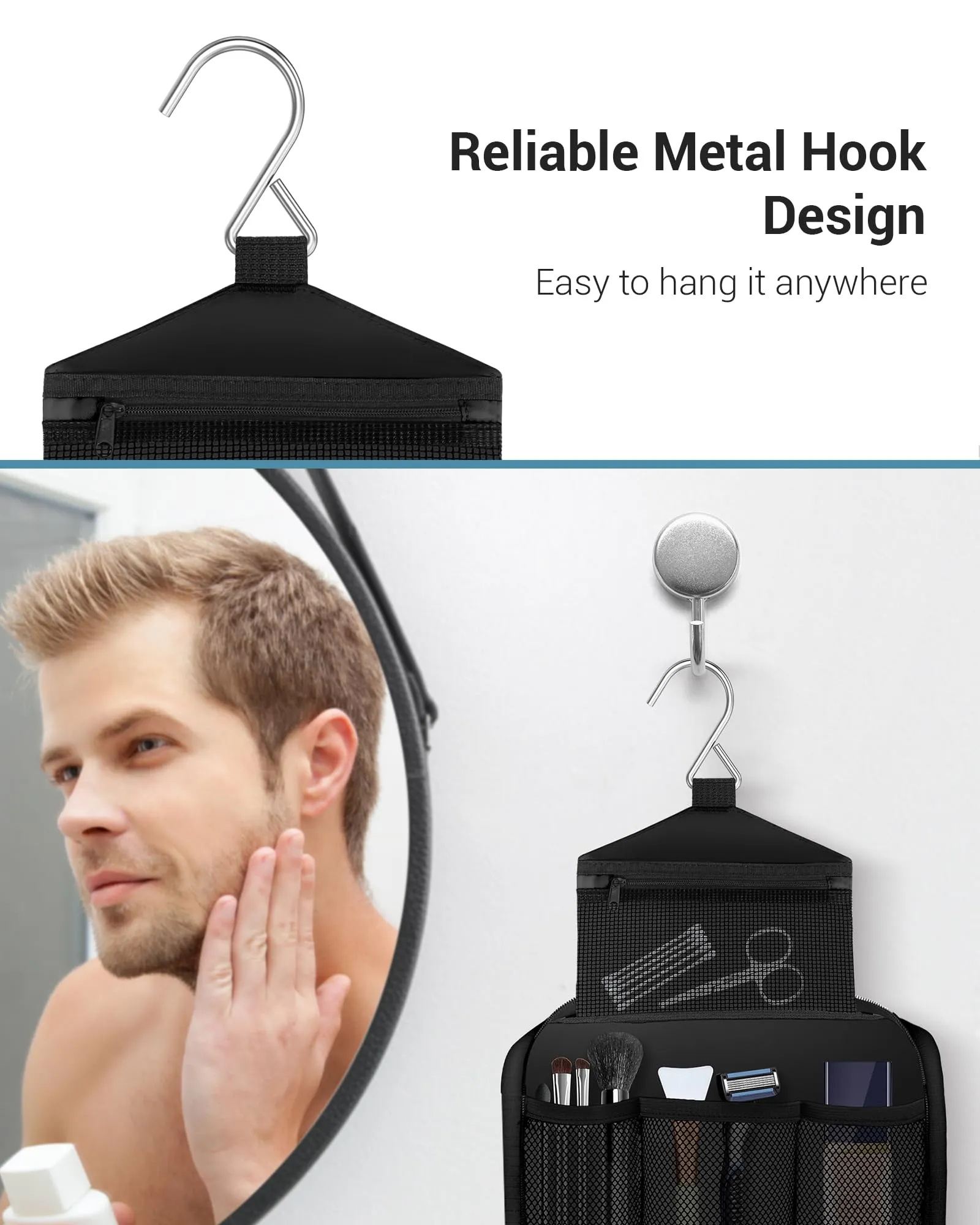 Maliton Beauty Case da Viaggio per Uomo e Donna, Borsa da Toilette Impermeabile da Appendere con 4 Scomparti, Nero - immagine 6