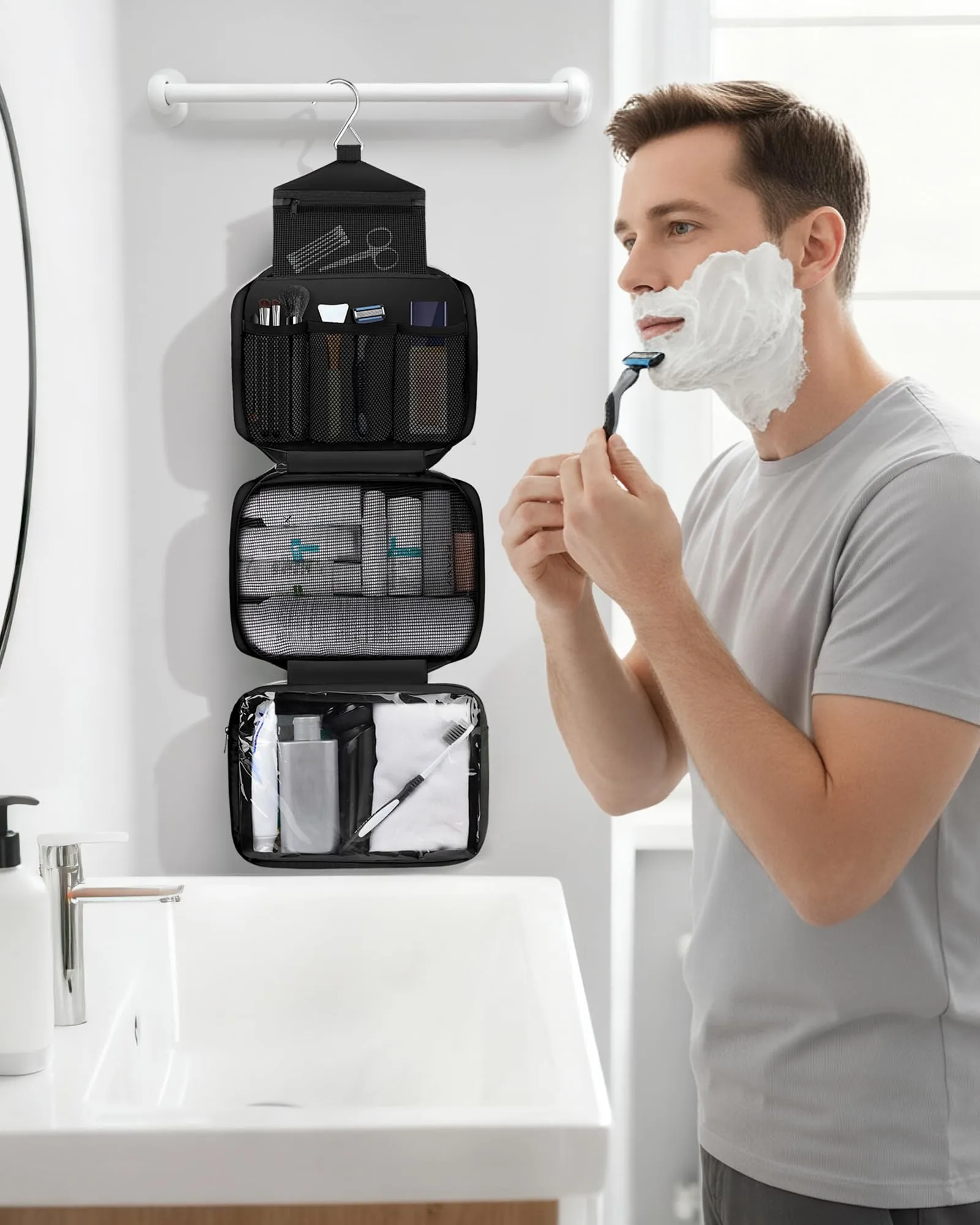 Maliton Beauty Case da Viaggio per Uomo e Donna, Borsa da Toilette Impermeabile da Appendere con 4 Scomparti, Nero - immagine 7